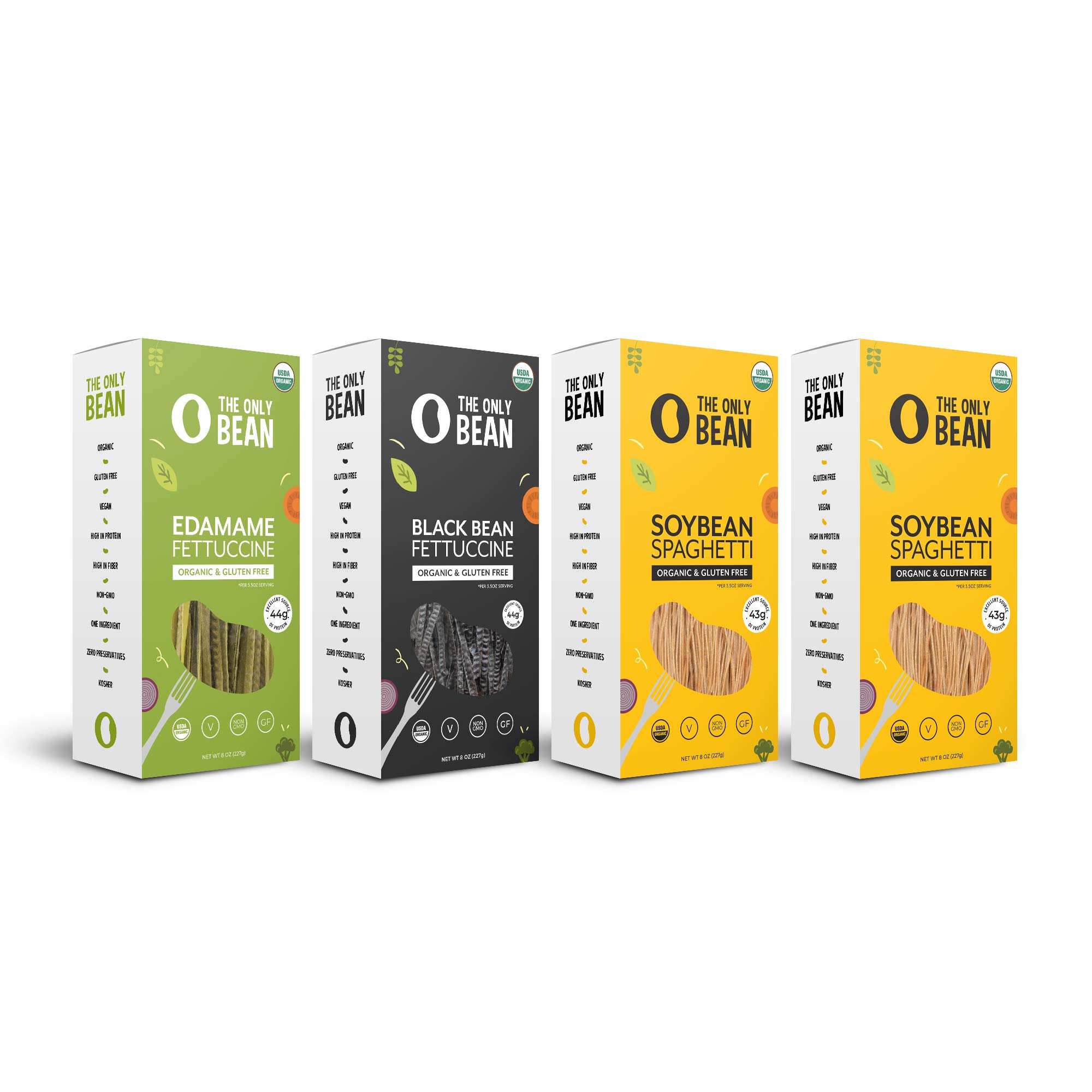 The Only Bean - Organic Edamame, Soy, Black Bean Spaghetti and Fettuccine Pasta, Gluten Free Noodles, 8oz (Variety Pack) (4 Pack)