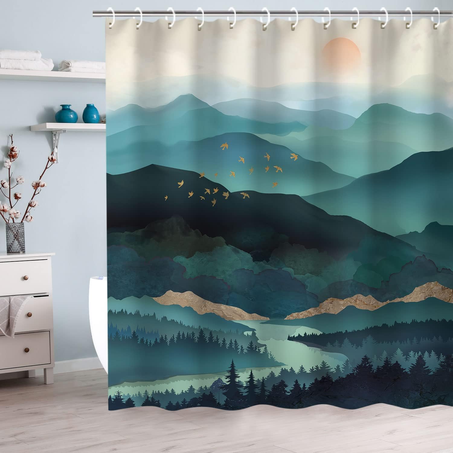 RosieLily Mountain Shower Curtain, Teal for Bathroom, Cool Nature Hooks, Watercolor Misty Forest Sun Sunset Landscape, 72Wx72H Inch