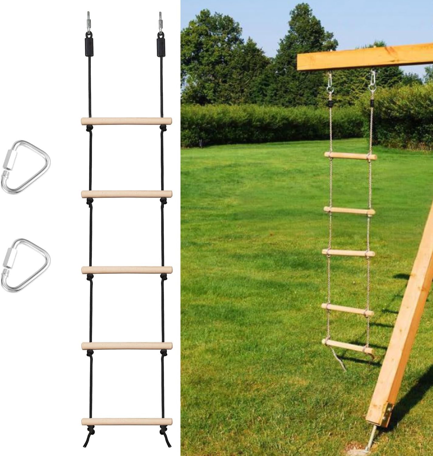 Rope Ladder for Kids, Ninja Warrior Obstacle Course Accessories - Heavy Duty Wooden Climbing Ladder with 2 Hooks for Treehouse, Swing Set, Trampoline & Playground (5-Step, 120kg Capacity) (Black)