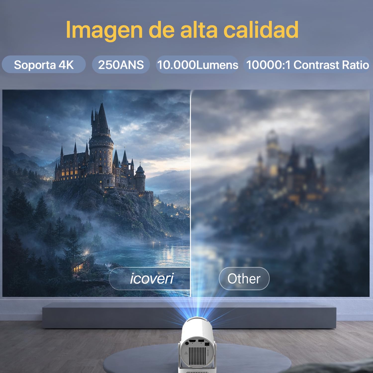 Proyector Portátil con Altavoz, 4k, WiFi, Bluetooth [Apps Integradas] Sistema Android 2026 Upgraded Mini Proyector de vídeo con Altavoz Integrado, Proyector Cine FullHD HDMI/portátil/móvil.