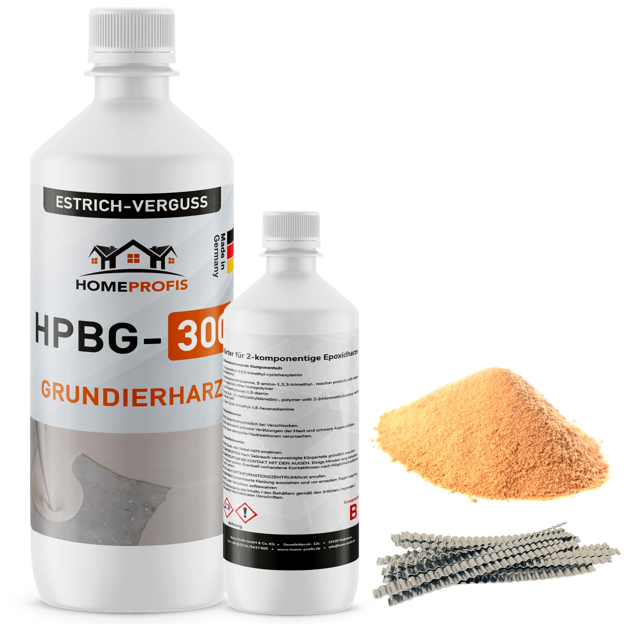 Home Profis® Epoxidharz Set zur Estrich Reparatur | 1,5kg Epoxy Resin Gießharz inkl. 20 Estrichklammern & Quarzsand | 2K Injektionsharz Rissfüller | Epoxidharz mit Härter