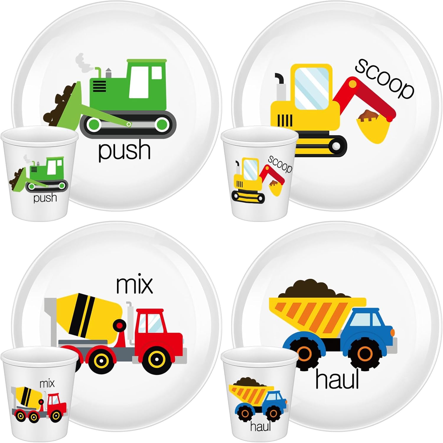 4 Sets Construction Truck Plates with Cups for Kids Toddlers Fun Construction Truck Eating Utensils Set Drop Resistant Cute Plastic Dishes Dishwasher Safe