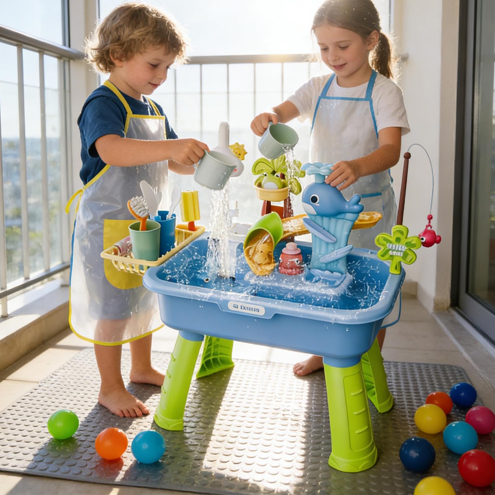 Generico Tavolo d'Acqua per Bambini, 4 in 1 Tavolo Acqua Bambinis con Pompa e Acqua_Corrente, Gambe Rimovibili Tavoli A-cqua Gioco Sensoriale Set, Giocattolo Estivo da Esterno per Bambini E Bambine