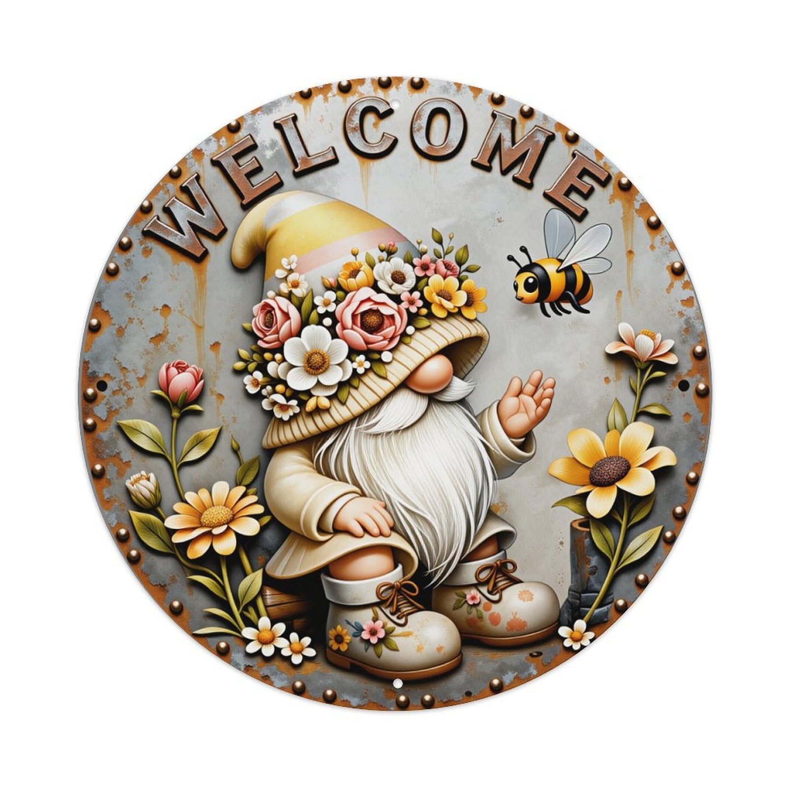 Gnome Flower Bee Welcome Rustic Metal Tin Sign Vintage Garden Bedroom Cafe Bar Man Cave Home Wall Decor Metal Poster 8x8 inches