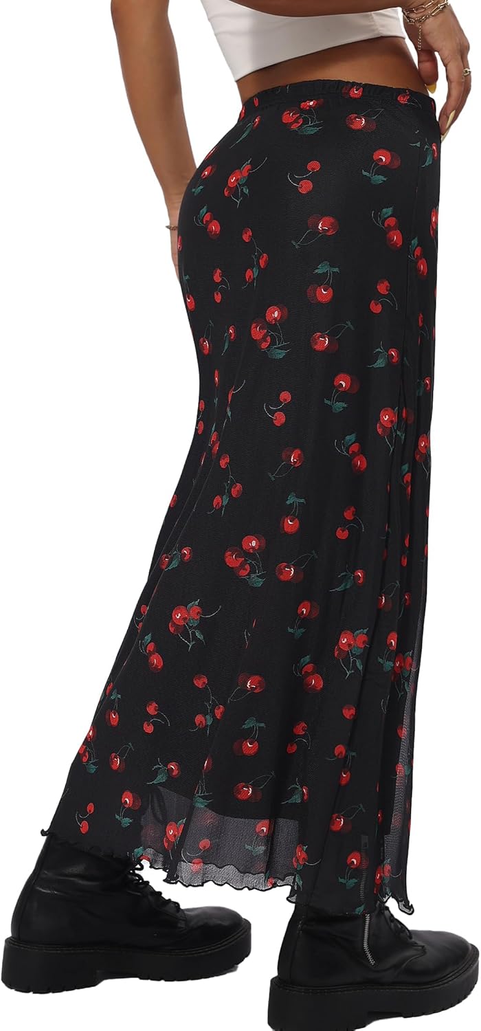 Avanova Women Cute Cherry Mesh Midi Skirt High Waist Lettuce Trim A Line Skirt Cherry Black Large - Image 2