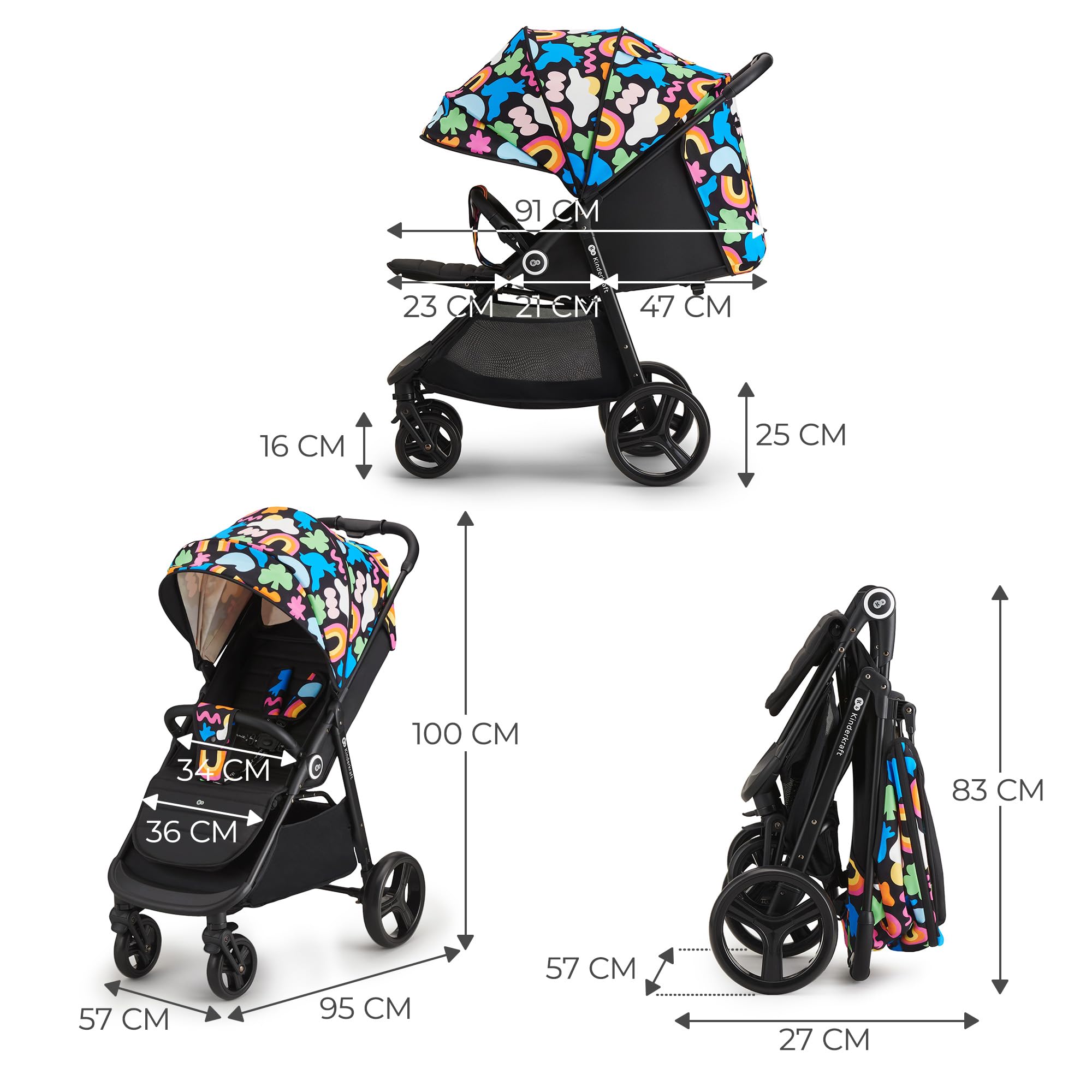 Kinderkraft GRANDE PLUS Passeggino Leggero dalla Nascita fino 22 kg, Pieghevole con una Mano, Posizione Sdraiata, L'ammortizzazione su Tutte le Ruote, Cappottina XL, Happy Shapes