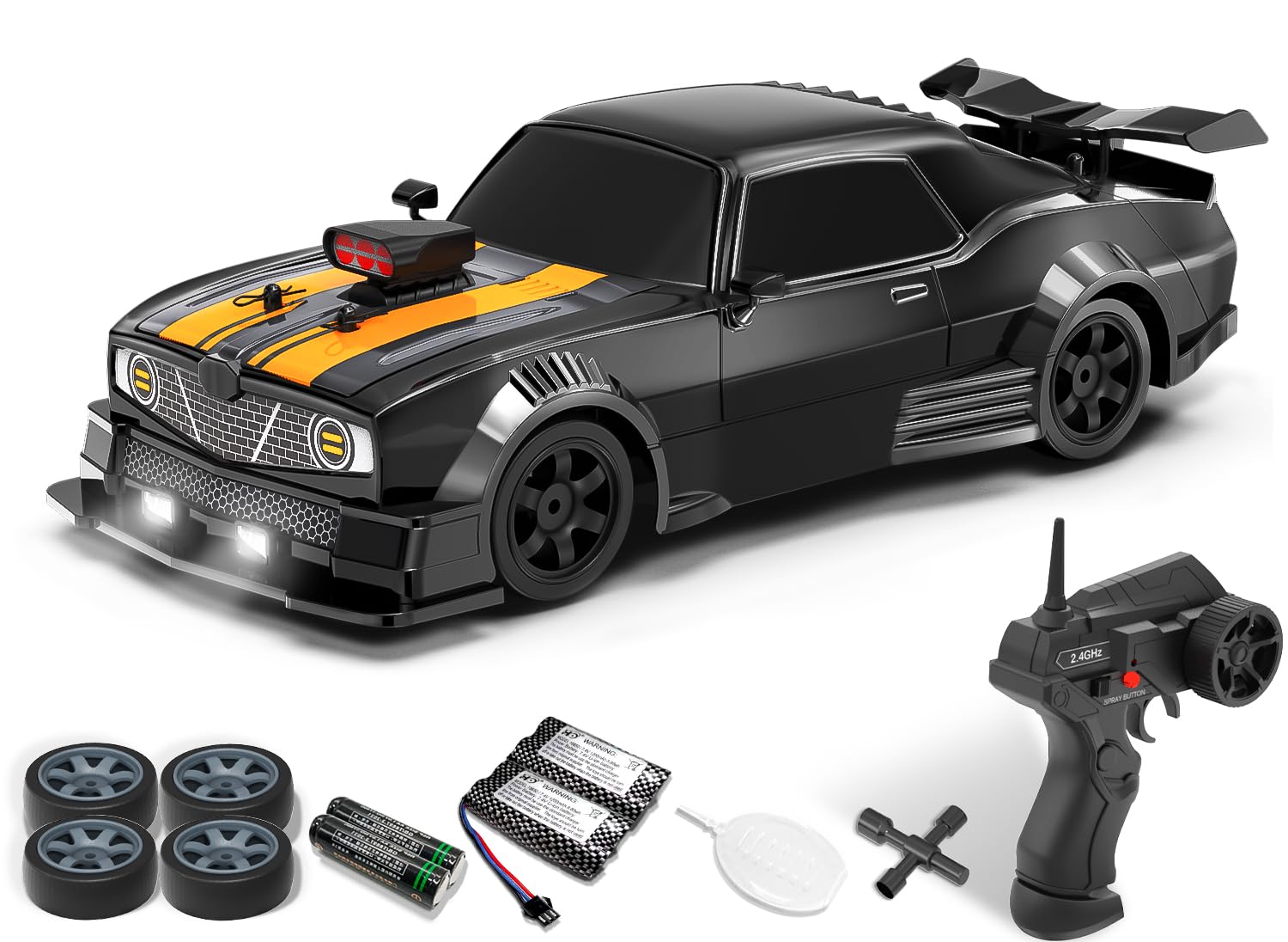 RACENT 1:16 RC Drift Car, 2.4Ghz 4WD 18KM/H Remote Control Car with Spray Mist, Racing and Drifting Wheels, LED Light, 2 Batteries, Sport Model Toys Vehicle for Kids, Boys, Adults