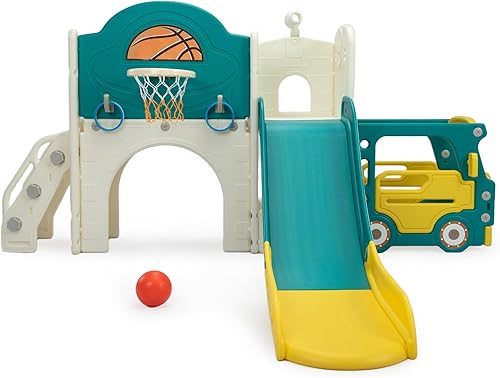 Miniatura 4 de Juego de toboganes 5 en 1 para niños pequeños, estructura de juego para bebés, tobogán para niños con columpio, aro de baloncesto y pelota, campo de