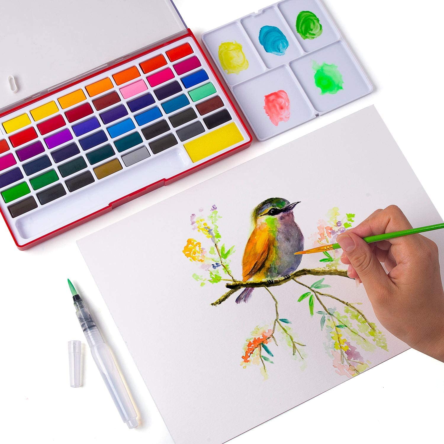 Juego de pintura de acuarela, 48 colores surtidos de alta calidad en caja con pincel de agua y esponja, perfecto para artistas, niños, principiantes, artistas, pintura, bocetos e ilustración 7