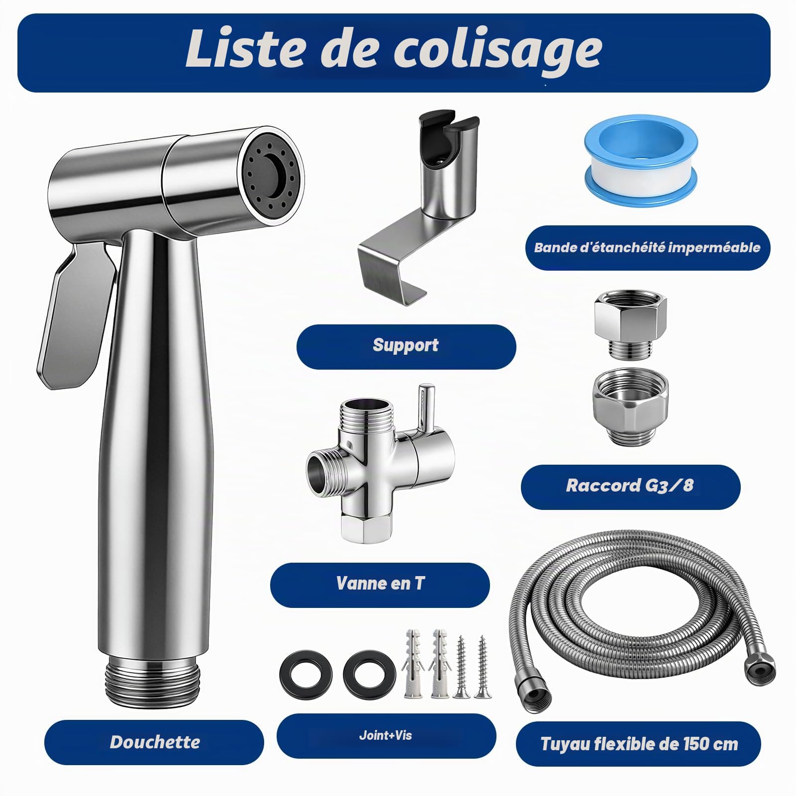 Pulvérisateur de bidet à main en Acier Inoxydable, Douchette Bidet Avec Vanne En T G1/2" Et Adaptateur Toilette G3/8", Flexible 150Cm, Support Mural Ou Crochet, Douche Pour Bébé, Animaux Et Hygiène