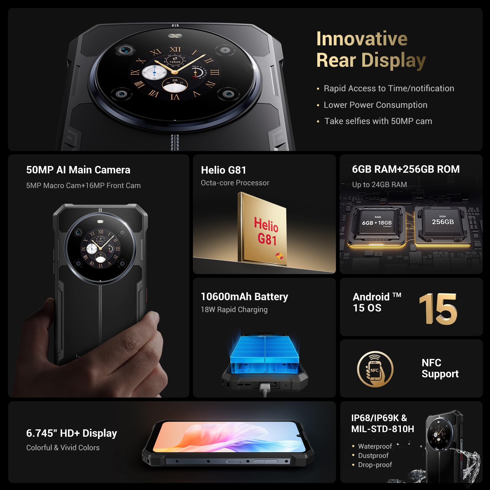 FOSSiBOT F109S Teléfono Resistente, 24GB+256GB, 6,75'' HD+ Pantalla, Innovadora Pantalla Trasera, Batería 10600mAh, 50MP IA Triple Cámara, IP68 Móvil Antigolpes, Android 15, Doble SIM NFC Negro