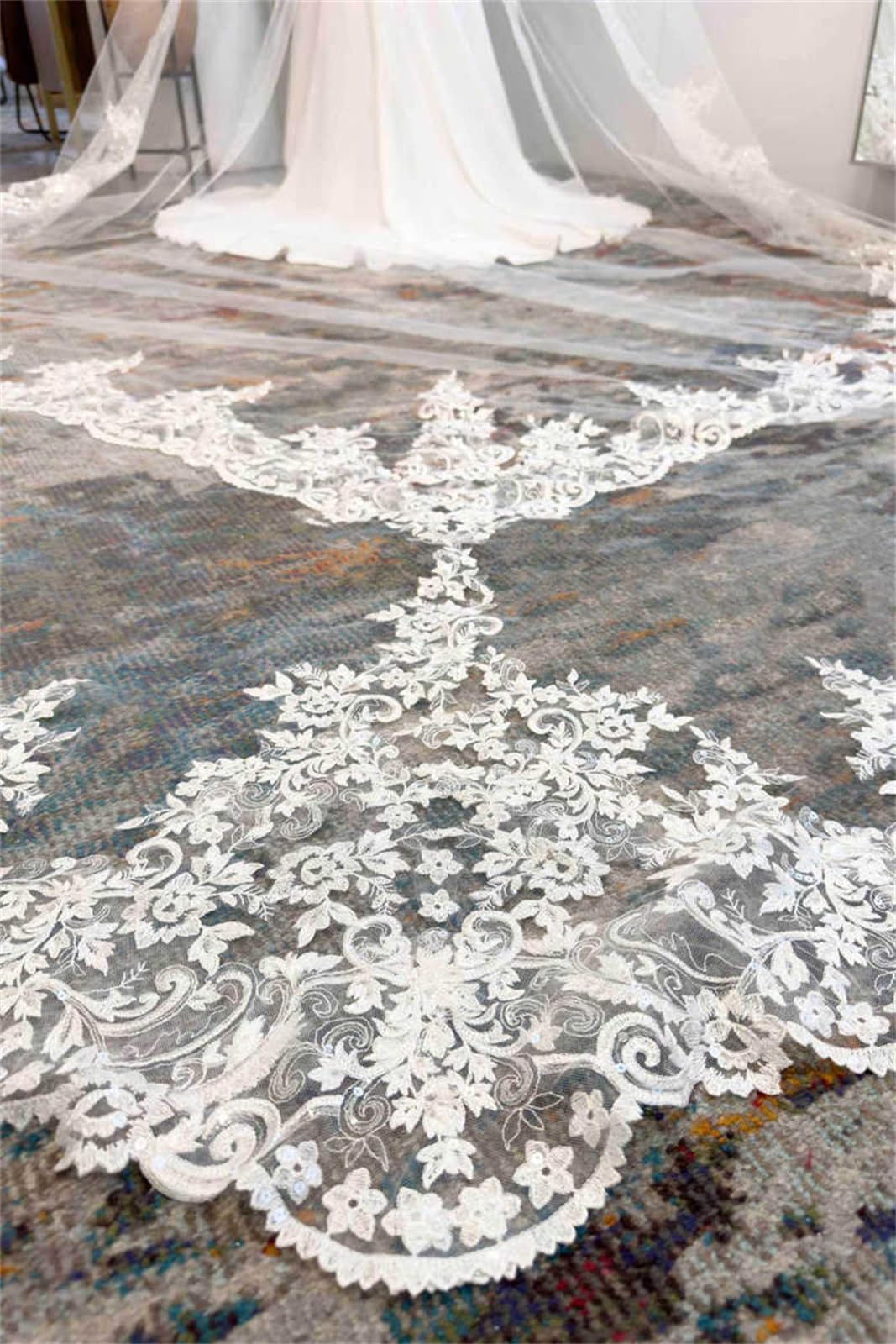 Velo de novia de tul, longitud catedral, velos de encaje floral con peine gratis, accesorios de boda de 1 nivel para novia