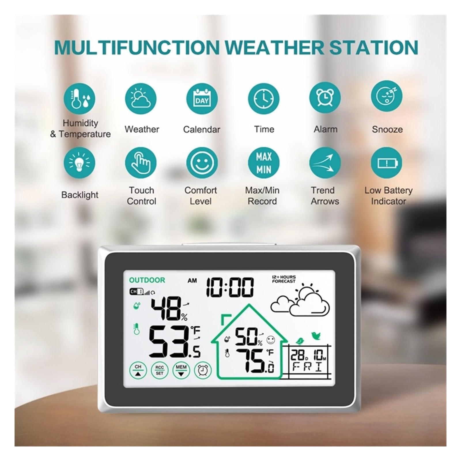 Bezprzewodowa stacja pogodowa dotykowy LCD cyfrowy zegar ścienny DCF In/Outdoor termometr higrometr Trend Comfort Forecast Sensor