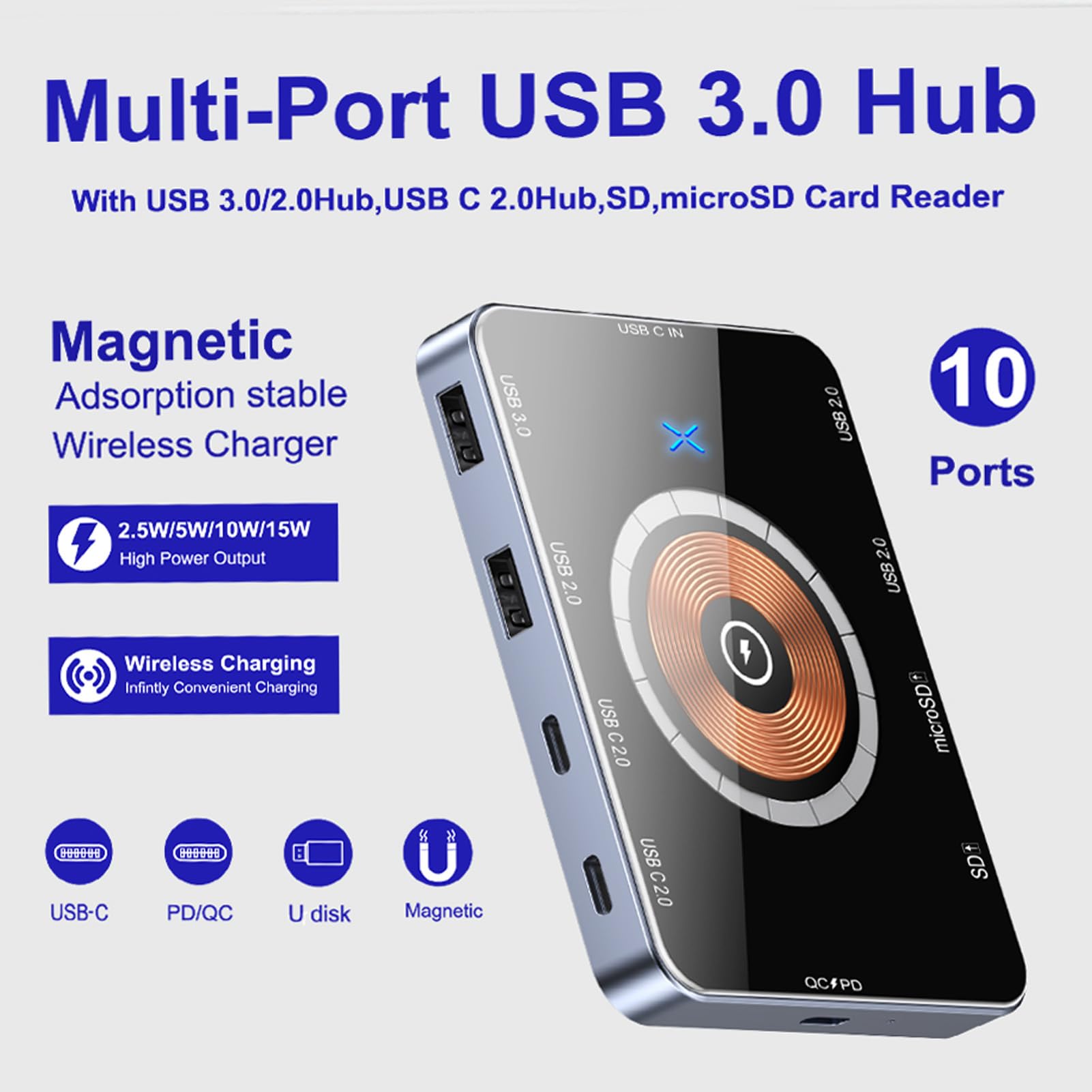 Goshyda 10 en 1 Hub USB con Cargador Inalámbrico Magnético