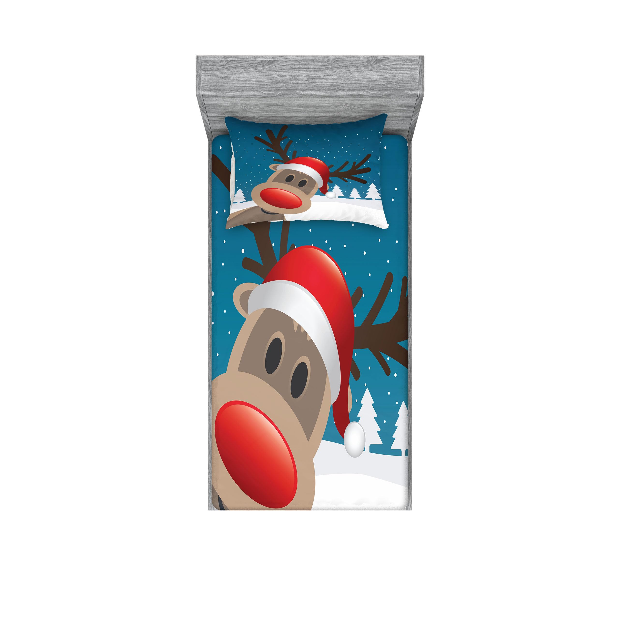 Ambesonne Christmas Fitted Sheet & Pillow Sham Set, Rudolph The Reindeer with Santa Hat Holiday Themed Fun Cartoon, Decorative Printed 2 Piece Bedding Decor Set, Twin, Red Brown Navy