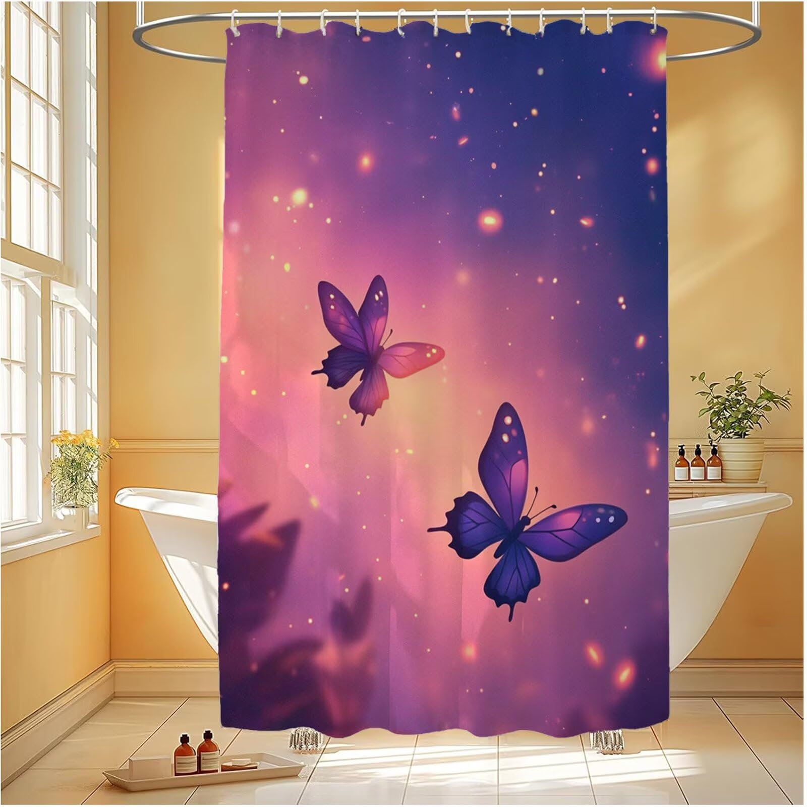 Duschvorhang 240x180 cm, Shower Curtains Schmetterling, Duschvorhänge Lila Wasserabweisend, Antischimmel, Waschbar Extra Breit Polyester Stoff Badevorhänge mit 12 Duschvorhangringe, Badezimmer 6H-230