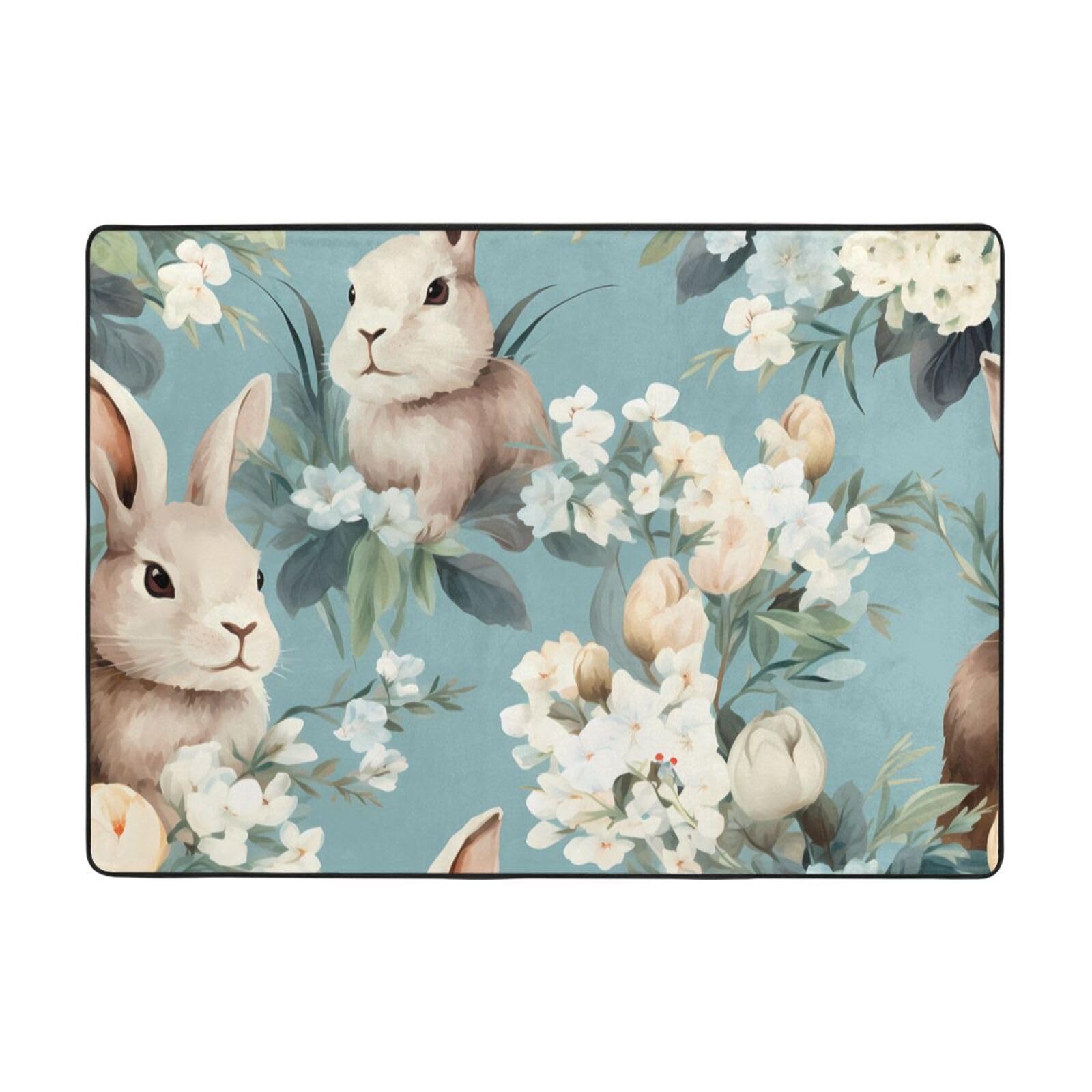 Tapis antidérapant grand format imprimé vintage fleurs et lapin lavable et sûr