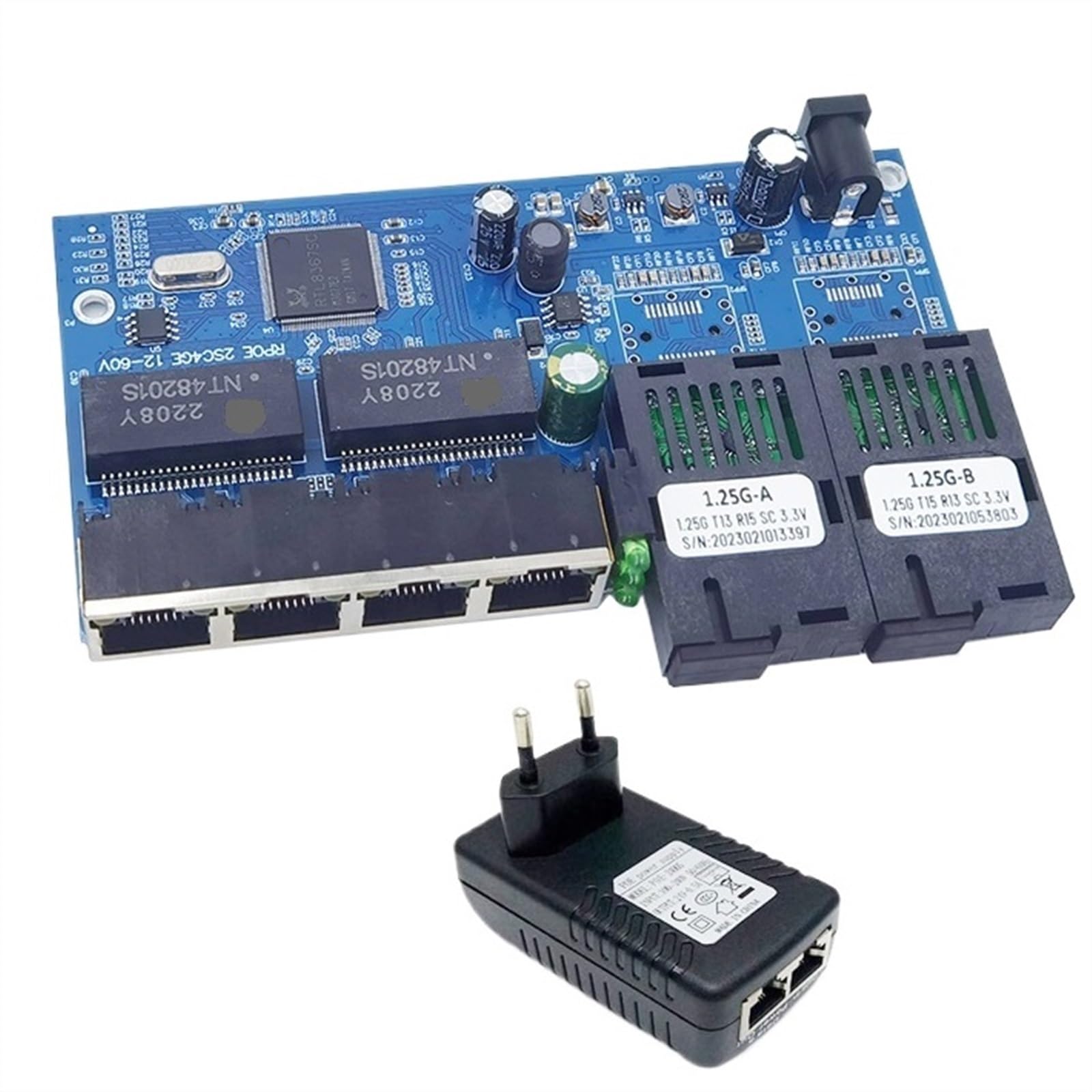 Przełącznik Odwrotny 4RJ45 2 Światłowód 2F4GE Przełącznik Gigabit Ethernet Konwerter Mediów Port Światłowodowy 10/100/1000M-PCBA (Size : PCBA and power)