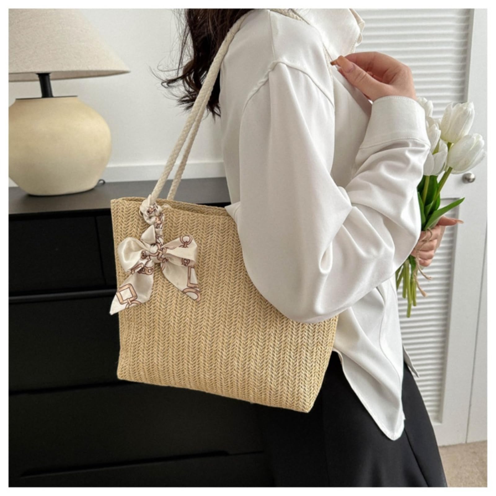 Borsa di Paglia Donna A Tracolla Estiva, da Pendolare Grande capacità delle Donne, alla Moda-White