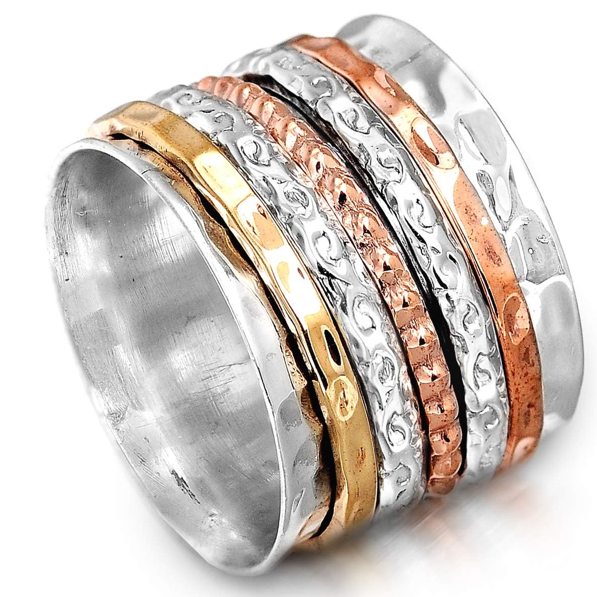925 Sterling Silver Spinner Ring for Women with Copper and Brass Bands – Handmade Silver Band Ring for Everyday Wear, Comfort, and Style