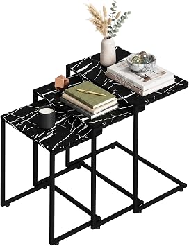Nouva Modern Nesting Coffee Table, Set of 3 Square Stacking Accent Table End Table C-Shape with Metal Frame for Living Room Bedroom, Rustic Brown