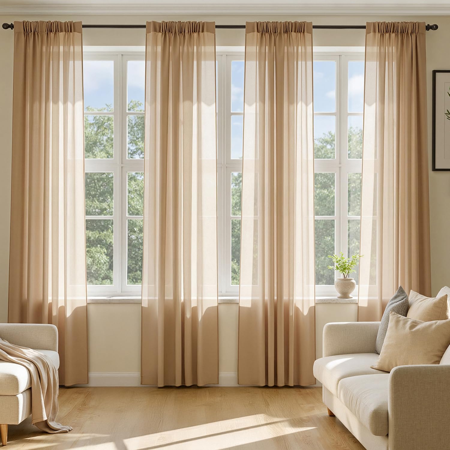MIULEE Brown Sheer Curtains 96 Inches Long, 4 Panels Set, Rod Pocket Voile Drapes Light Filtering and Semi Transparent, Elegant Window Treatments for
