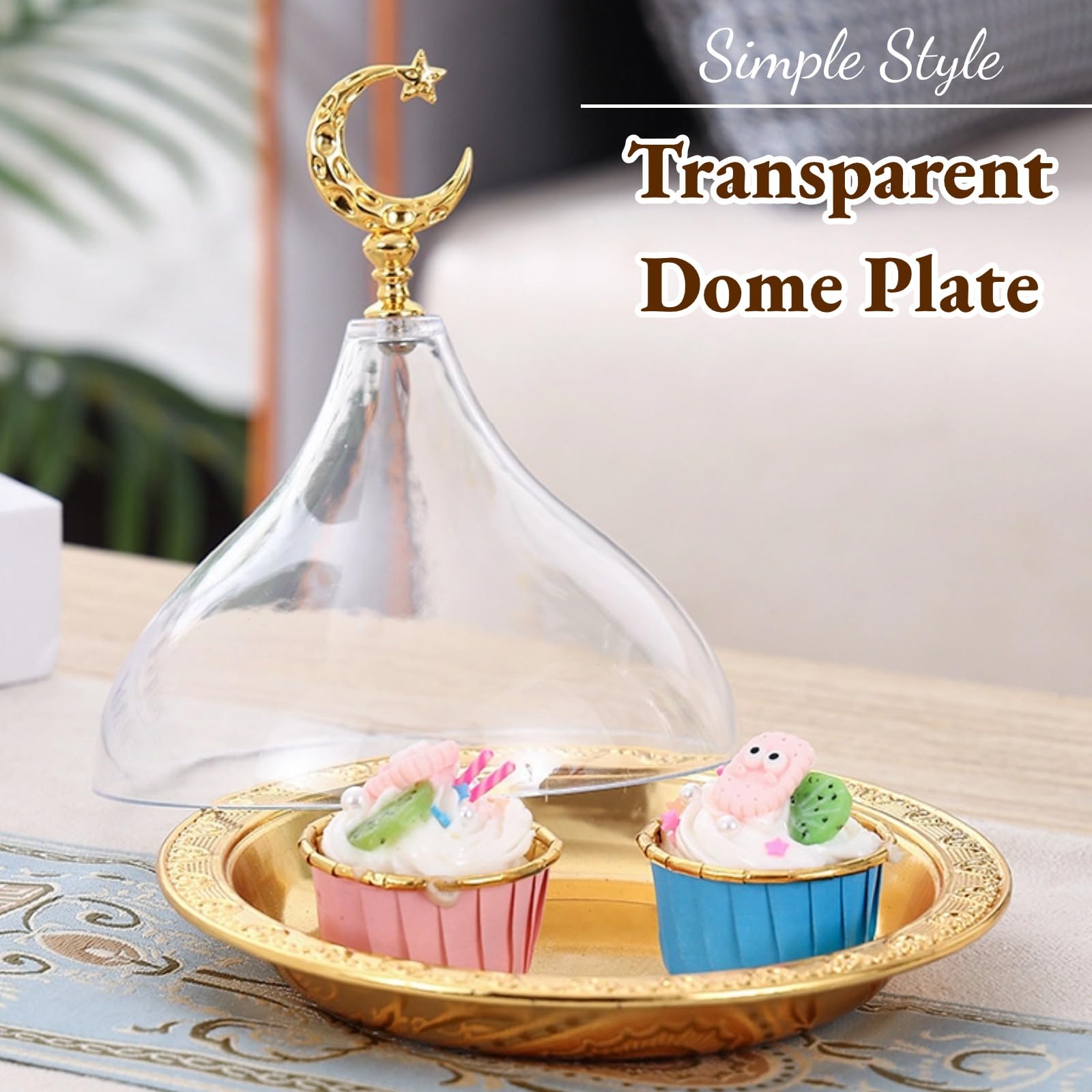 Rosvola Cake Plate with Lid, Ramadan Tray Eid Mubarak Cake Tray with dome, Candy Snack Serving Tray, Golden Cake Plate for Baking Home Party Cafe Wedding