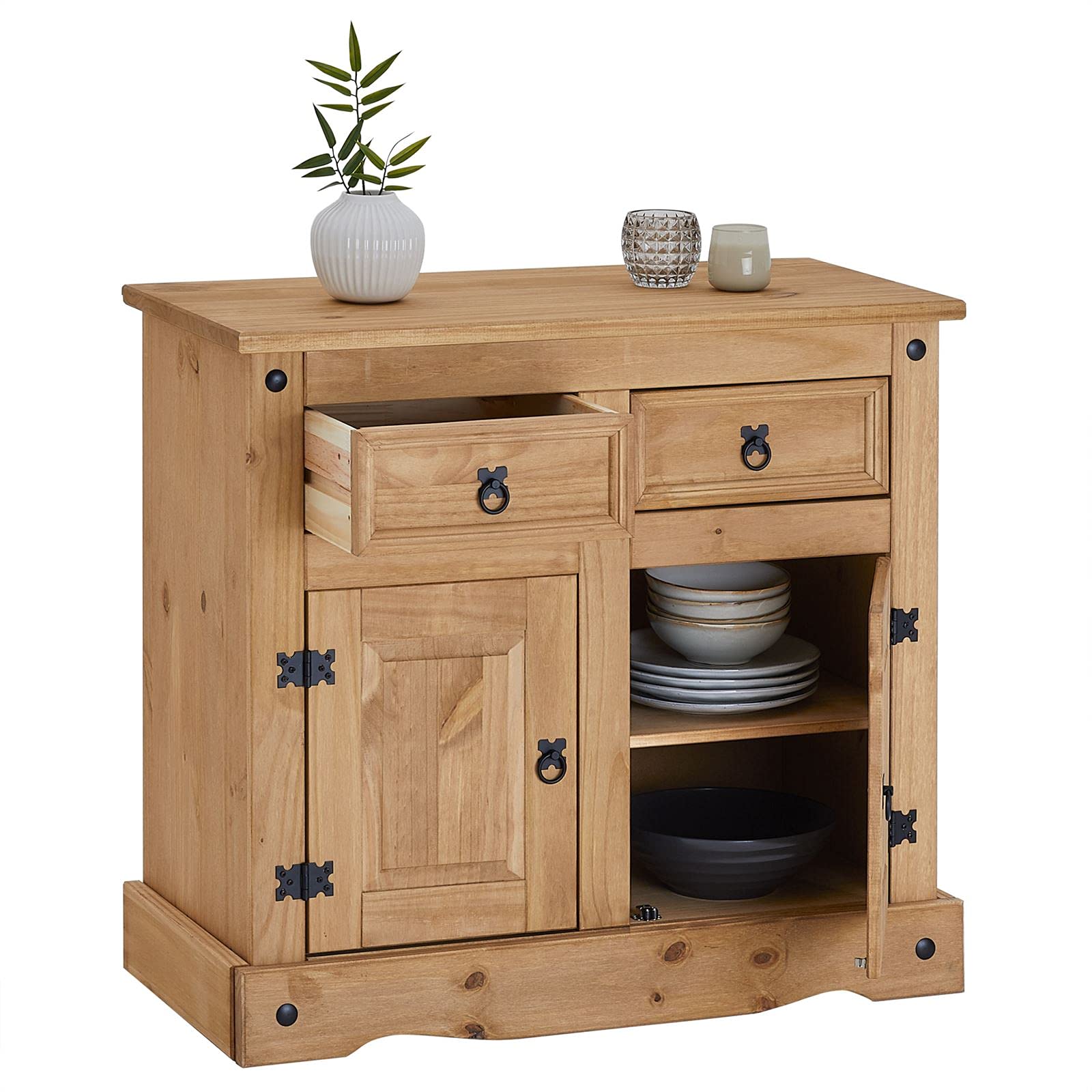CARO-Möbel Kommode Salsa, Kommode Kiefer massiv gebeizt, mit 2 Schubladen und 2 Türen, Landhausstil, Landhaus, Buffetschrank