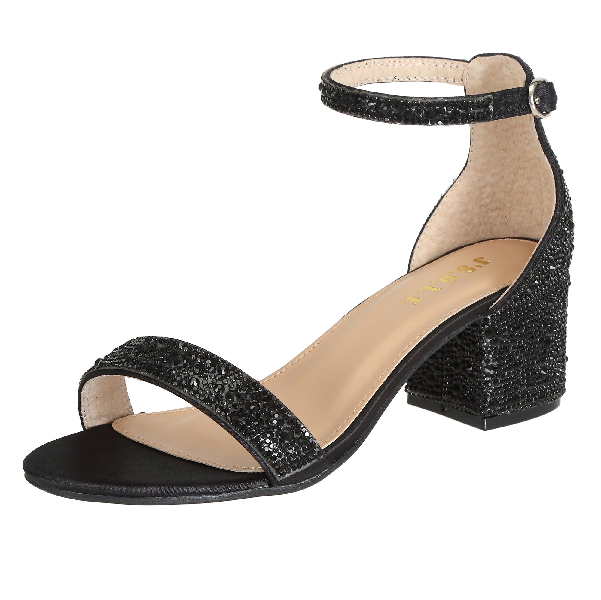 Size 8.5 J's.o.l.e Women's Sparkly Open Toe Low Block Heel Rhinestone Dress Sandals Wedding Shoes for Bride