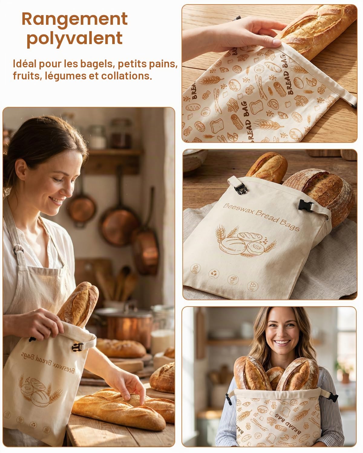 2 Sacs à Pain en Cire d’Abeille 43×33 cm – Sac de Conservation Réutilisable en Coton, pour Pain au Levain et Baguette, Sac Écologique pour Garder la Fraîcheur du Pain