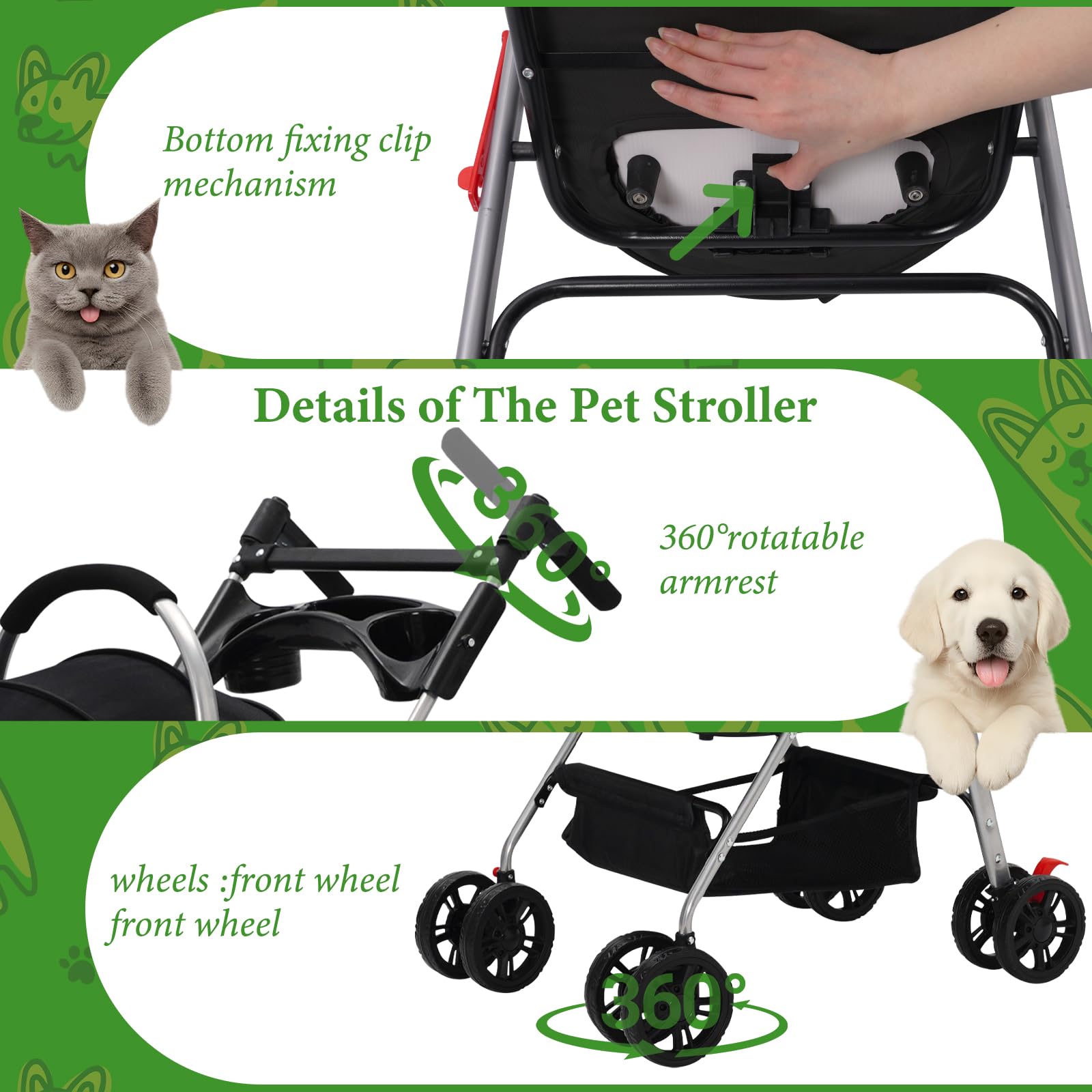 HOMCENT Passeggino 3 in 1 per cani di taglia media, passeggino pieghevole con seggiolino auto rimovibile, capacità 20 kg, ruote a 360°, manico regolabile, multi spazio per gatti e cani (nero)