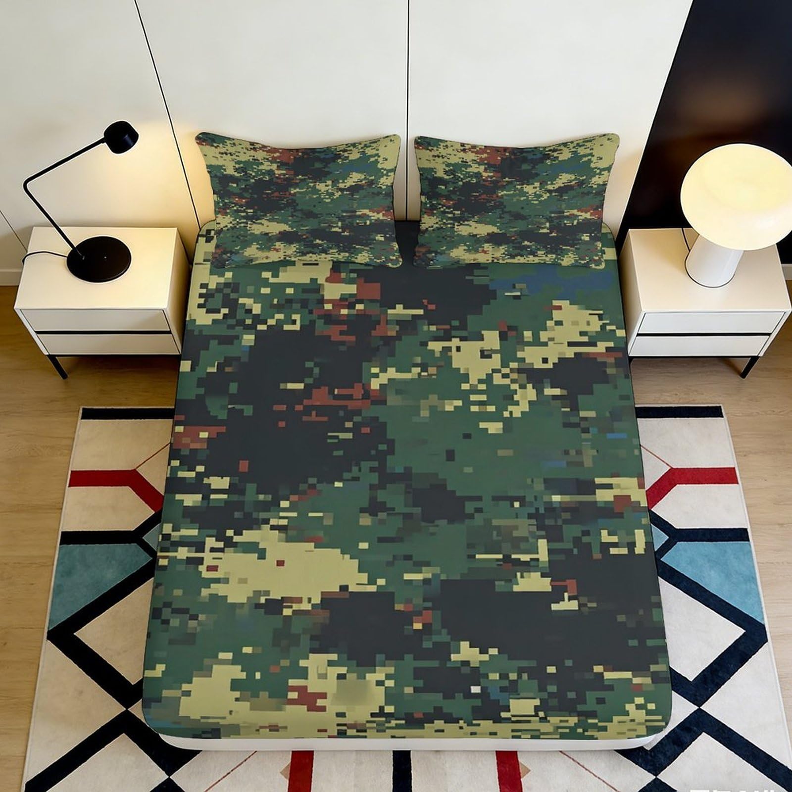 3D Printed Digital Camouflage Fitted Sheet Microfiber Soft Breathable Pixelated Camo Bed Cover for Bedroom Dormitory Guest Room Mattress Protection 200x200x25cm
