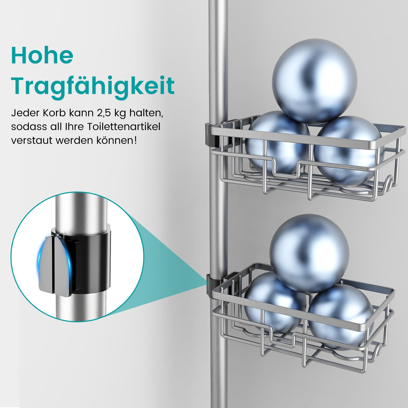 Mixoo 6 Stück Duschablage Ohne Bohren, Teleskop 3.4M Duschregal Eckregal fur Badezimmer, 304 Edelstahl Bad Organizer für Dusche und Badewanne Schwarz (Gewehrgrau) | Höhenverstellbar:30.5-111.9in Teleskopregal für Dusche/Badewanne, Duschablage mit Handtuch