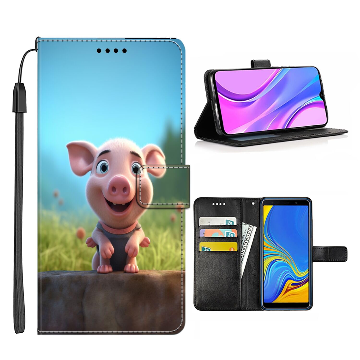 KOLHUBI Wallet Case Suitable for Moto G8 Pig-aa23 Mobile Phone Holder Beautifully Printed with Card Holder PU Leather Magnetic Stand Shockproof Wrist Strap with Flip Cover