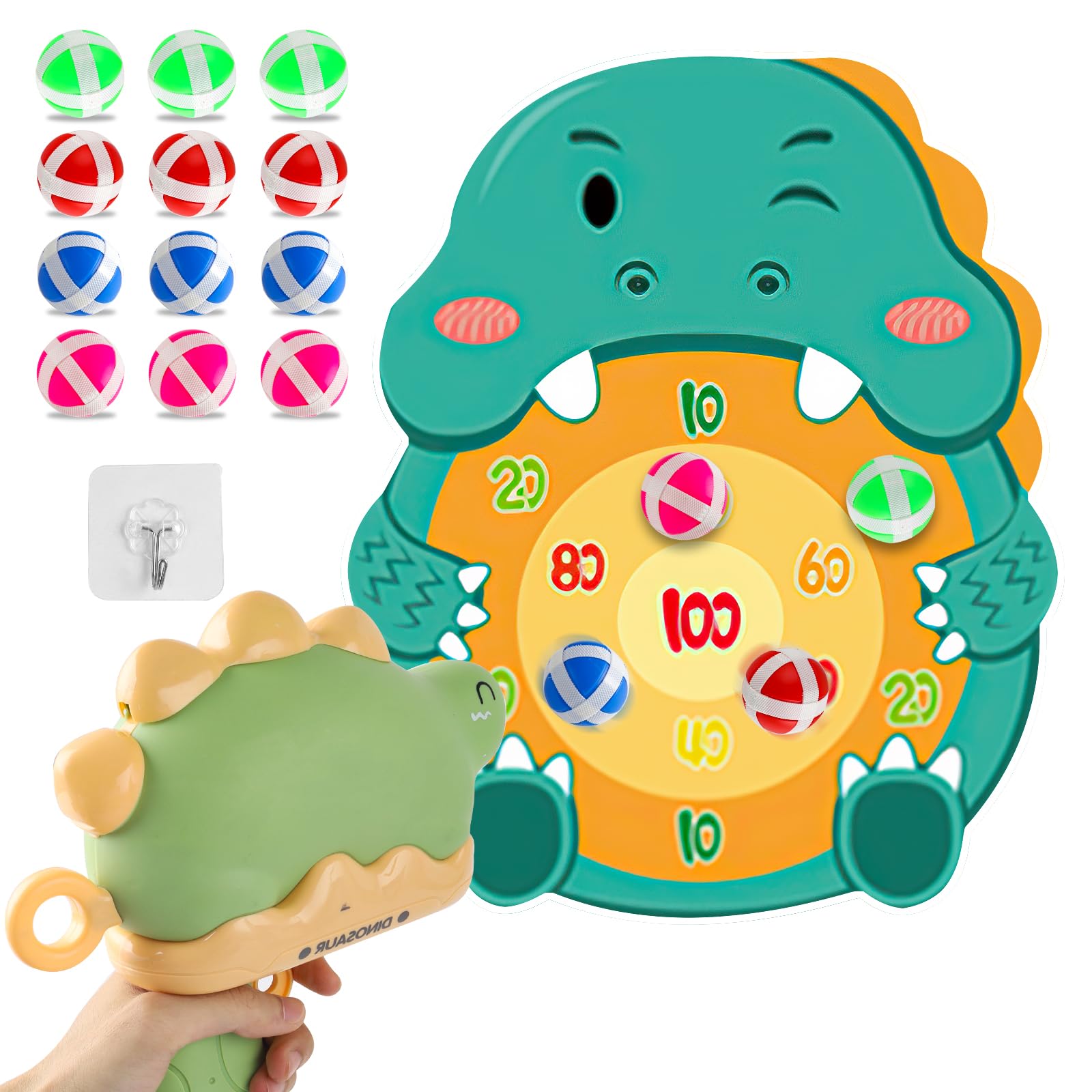 Kids Shooting Toys, Kids Blaster Gun Shooting Game with Dart Board, Dinosaur Gun Shooting Game Toy, 12 Sticky Balls, Kids Toy Gun for Indoor Outdoor Garden (green triceratops)