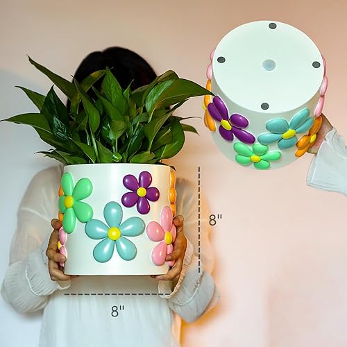 Miniatura 3 de GUGUGO Macetas de líneas pastel de 8 pulgadas, bonita maceta única de arcoíris con drenaje, macetas eclécticas retro vintage para plantas de