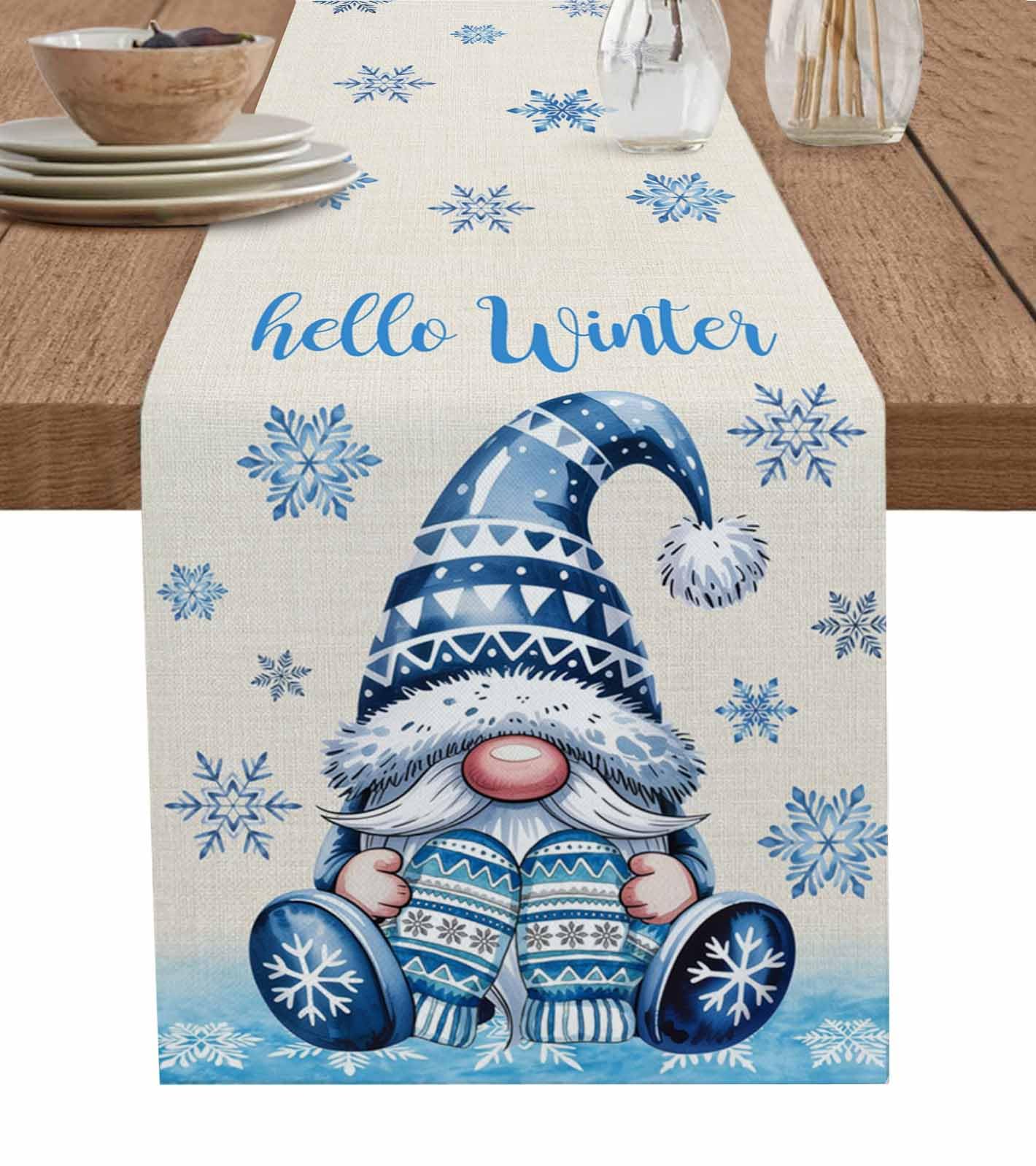 Christmas Gnomes Table Runner 90 Inches Long Cotton Linen Tablerunner Dresser Scarves, Burlap Kitchen Dinner Cafe Table Runners Table Decor for Coffee