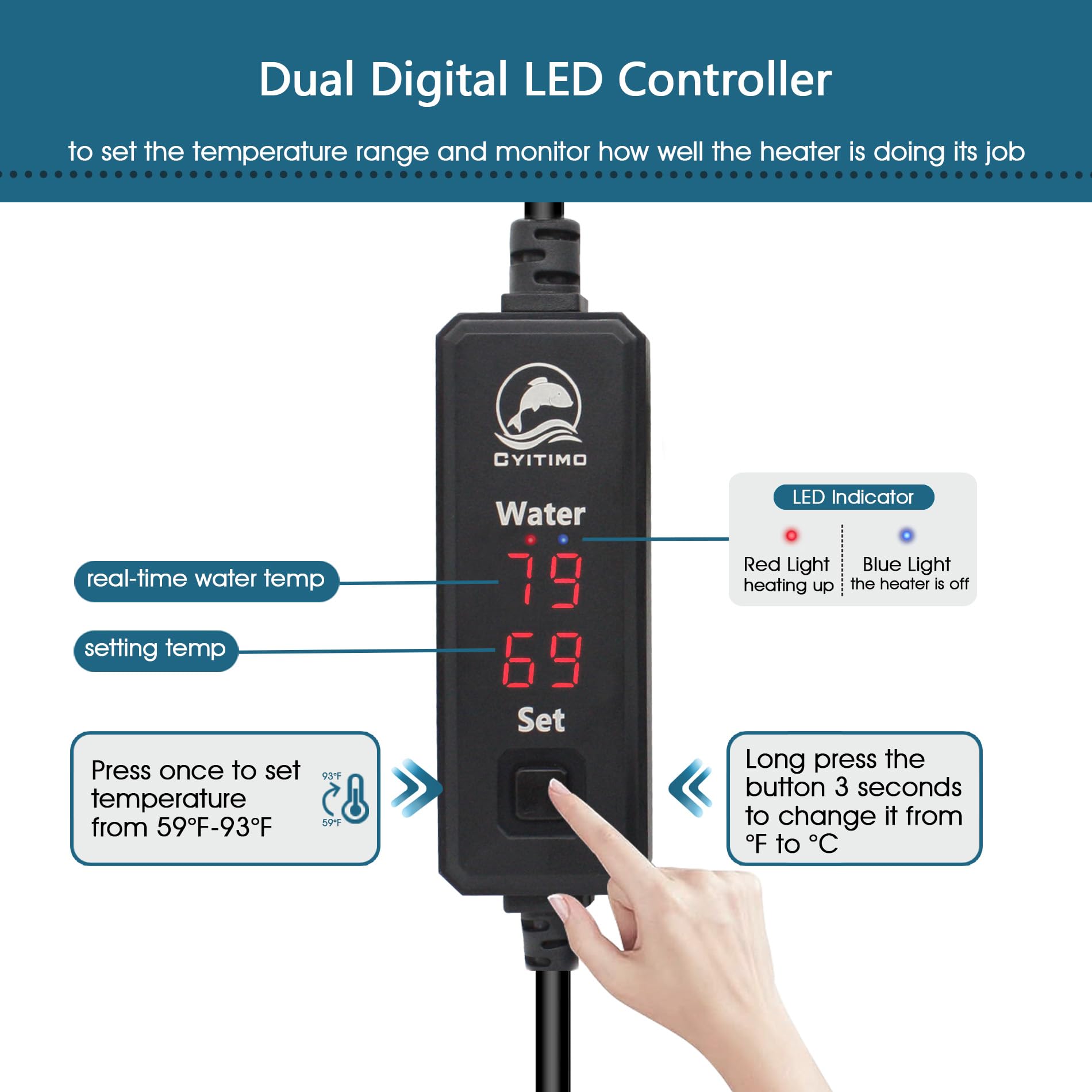 Petit chauffage d'aquarium submersible de 150 W avec sonde de température intelligente et contrôleur de température à double affichage LED pour 78 à 125 litres, convient pour l'eau salée et l'eau