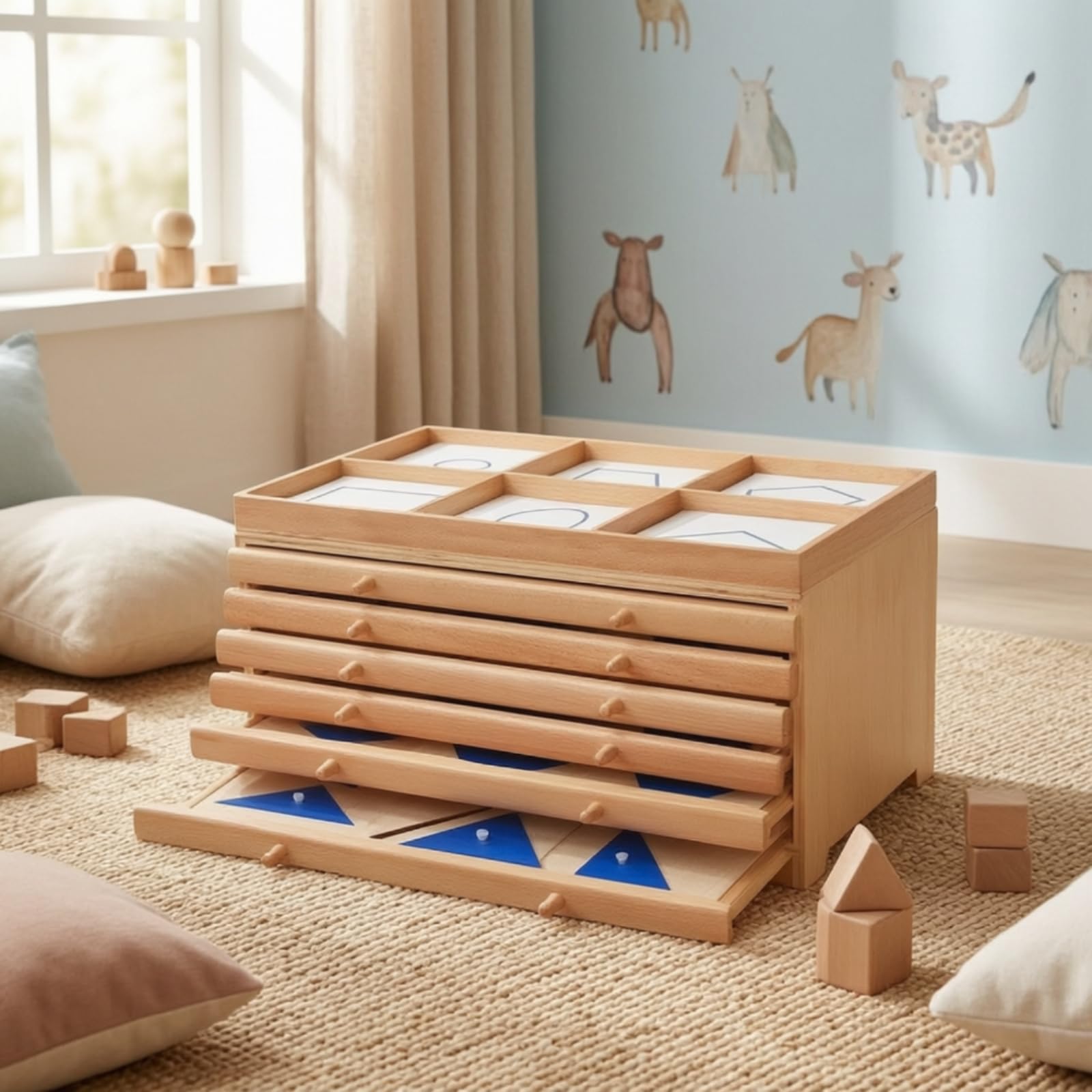 Armadietto delle Forme Geometriche Naturale Mobilino Pedagogico Logico Set di Blocchi di Legno Geometrici per Maestre, Educatori, Asilo Nido