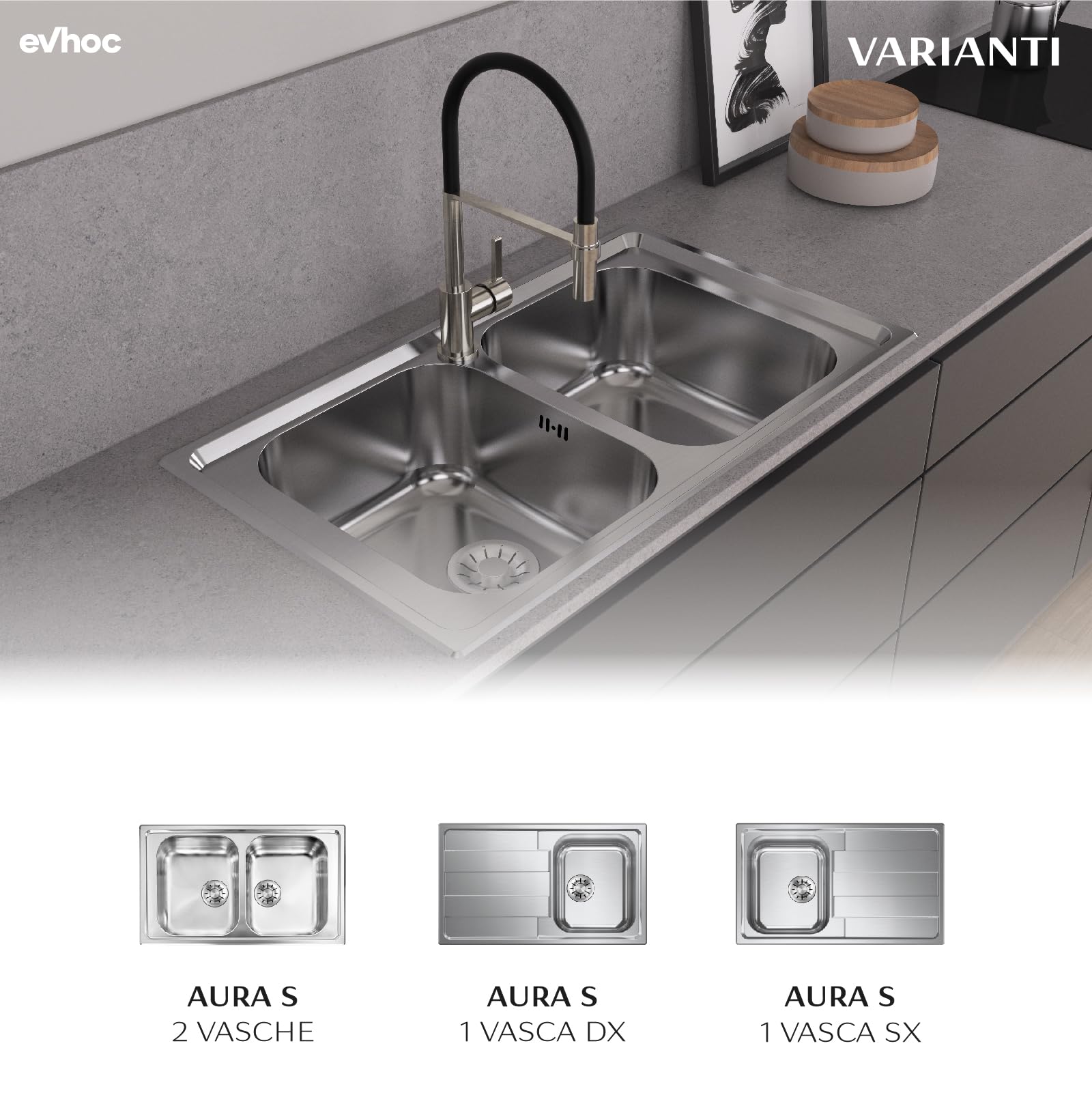 EVHOC Lavello Cucina Sopratop 86x50 cm 2 Vasche, Acciaio Inox, AURA S | Lavandino in Acciaio Inox con Finitura Satinata, Made in Italy, Piletta e Sifoni Inclusi