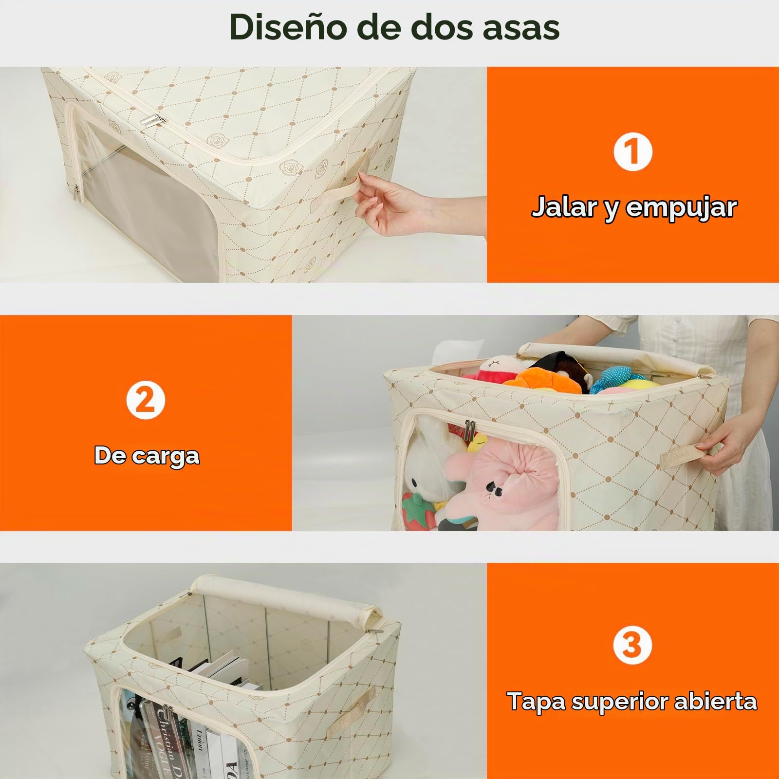 Cozary Cajas Almacenaje Ropa con Marco de Metal 2 Piezas 66L,Organizador Armario Apilable, Bolsas Almacenaje Ropa con Asa Reforzada y Ventanas Transparentes Adecuado, Para Edredones, Colchas