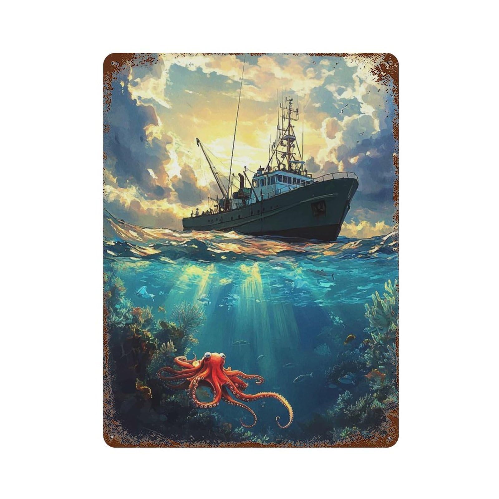 Rust Effect Tin Sign Fishing Boat And Octopus 15.7"x11.8", Vintage Wall Decor for Basement, Hobby Room And Garage Decor