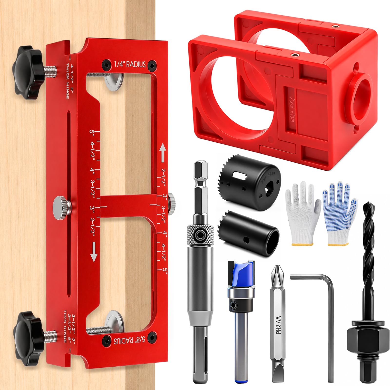 Door Hinge Jig & Door Lock Installation Kit, 6061 Aluminum Alloy Door Hinge Template Kit for Router, Adjustable Mortise Jig Fits 2.5" to 5" Hinges Length, 1/4" Radius, 5/8" Radius and Square Corners