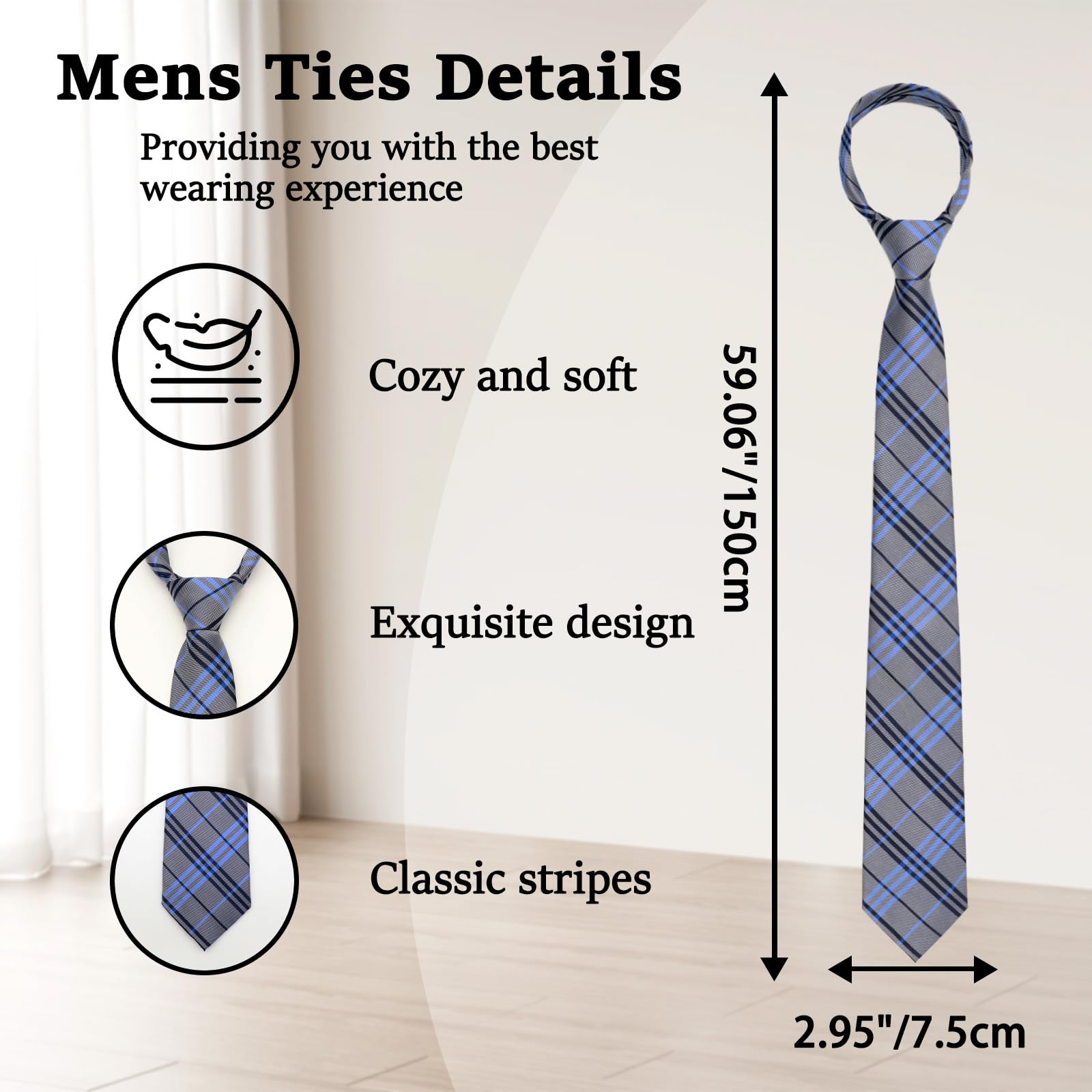 Corbatas a cuadros a rayas para hombre, 3.15 pulgadas, corbata clásica para hombre, para fiestas, reuniones, conferencias, cenas, negocios, escuela, boda, Gris azulado 3
