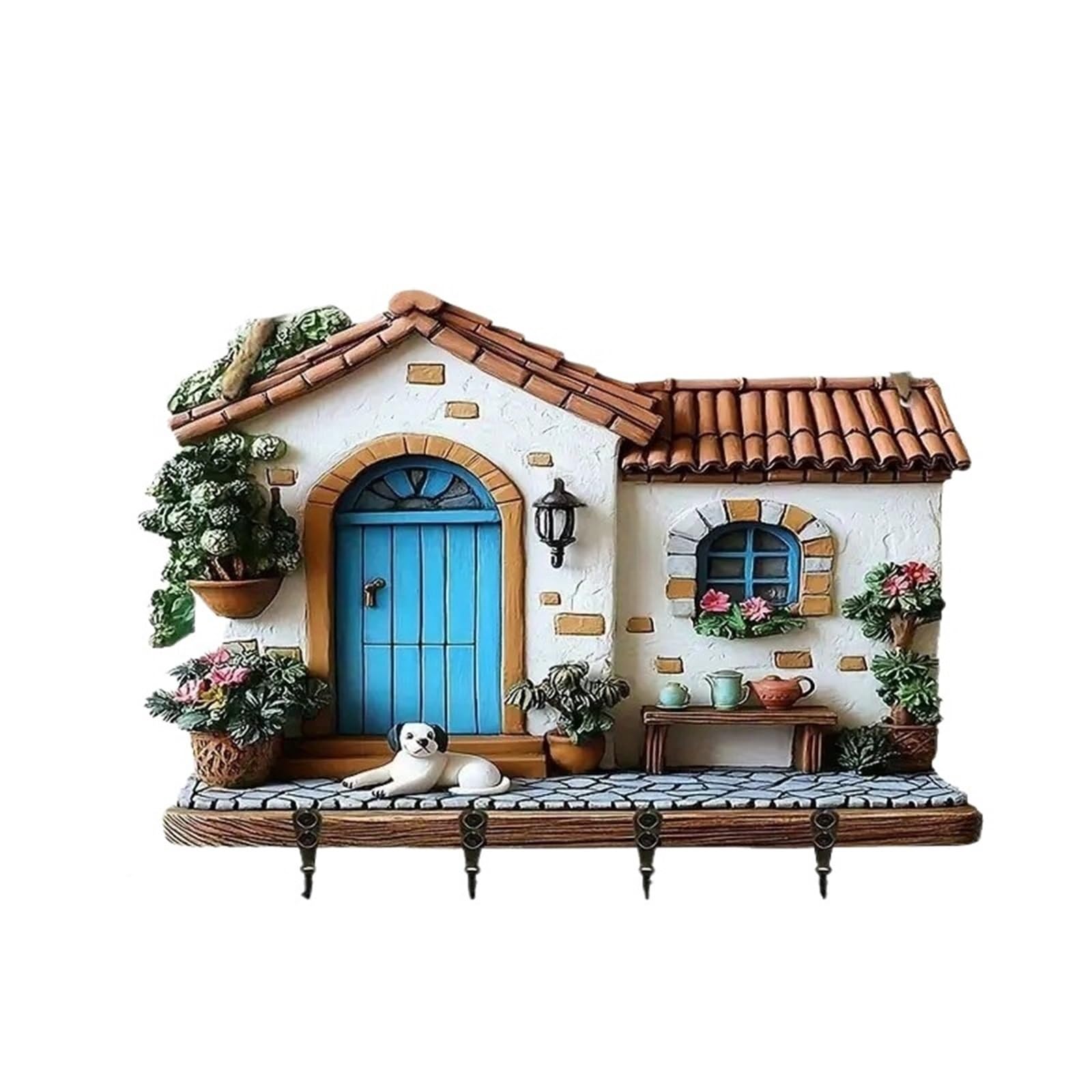 Missffcat 2D Wooden Key Rack – Multifunctional Wall Decoration, 4 Durable Metal Hooks(Blue)