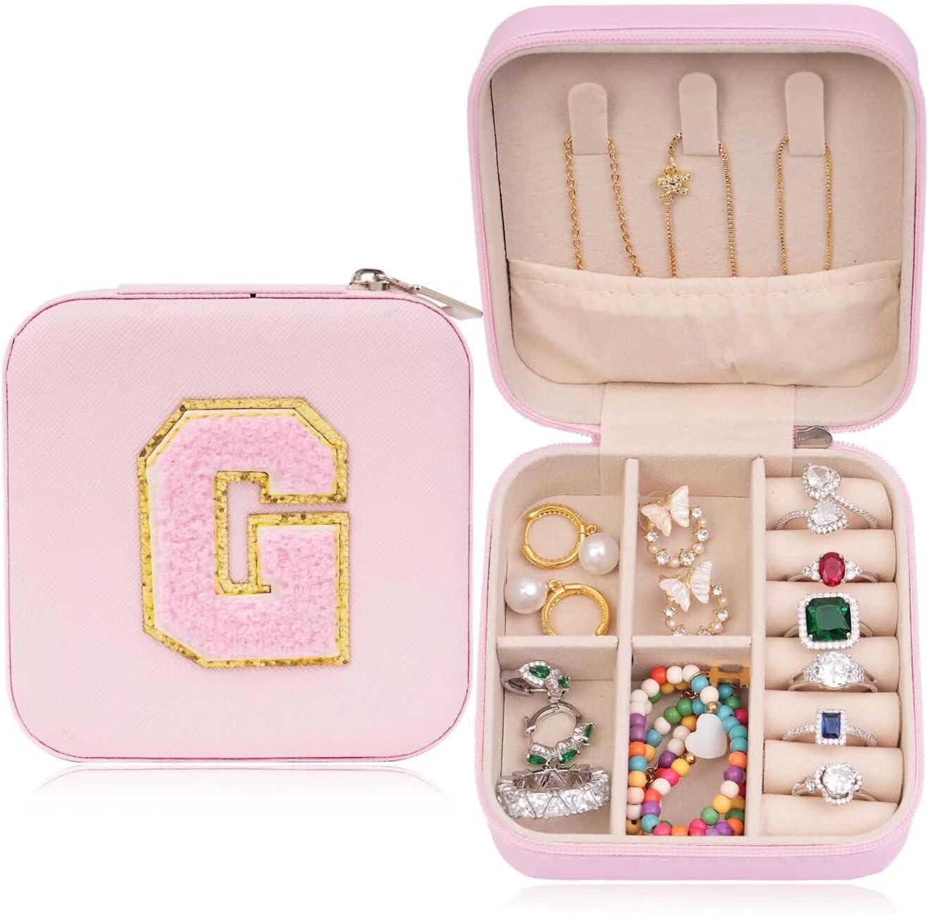 ETHOON Jewelry Travel Case Small Organizer Stocking Box Personalized Gifts Teenage Jewelry Accessories Holiday Wedding Christmas Gift for Women Pink, Letter A