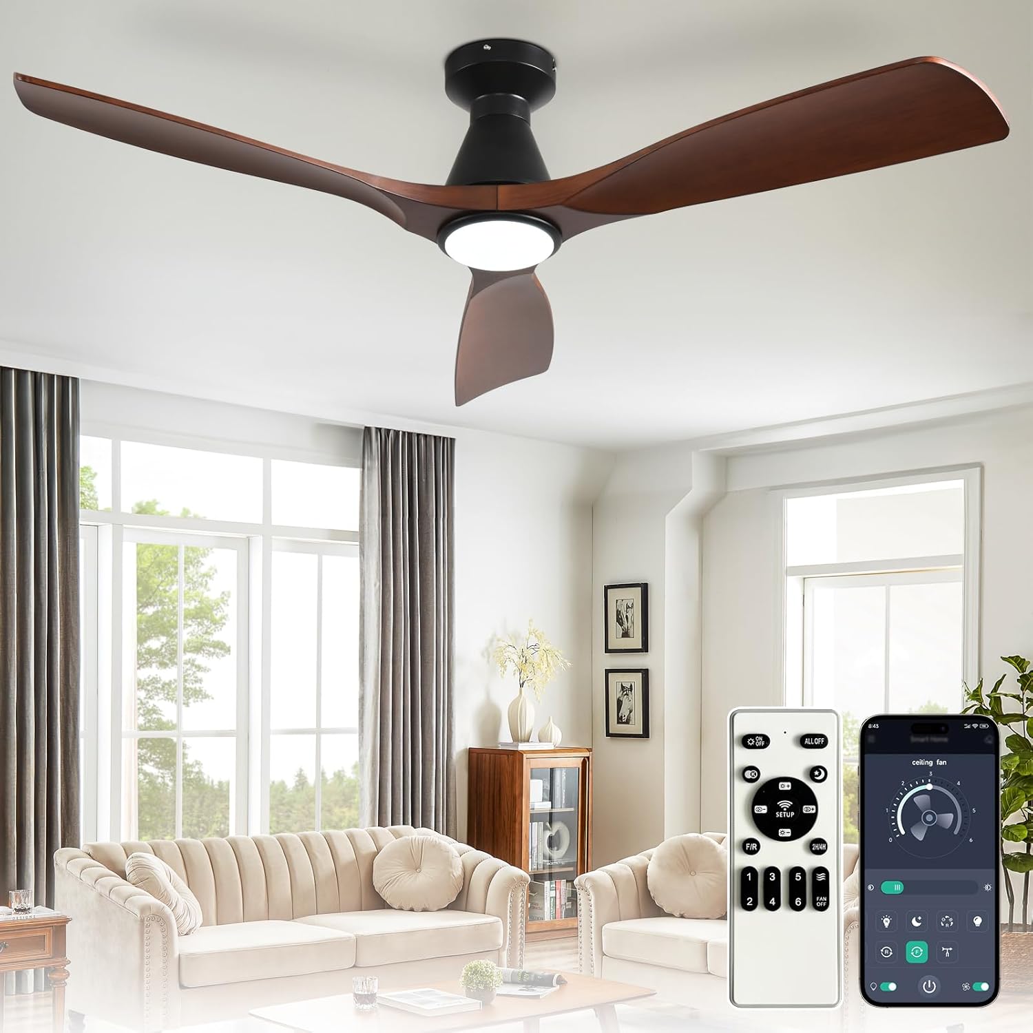 Depuley 52-Inch Ceiling Fans with Lights: Walnut 3 Blade Flush Mount Low Profile Ceiling Fan for Bedroom - Dimmable Indoor Outdoor Fan with Remote APP Control Ultra Quiet DC Motor Timer