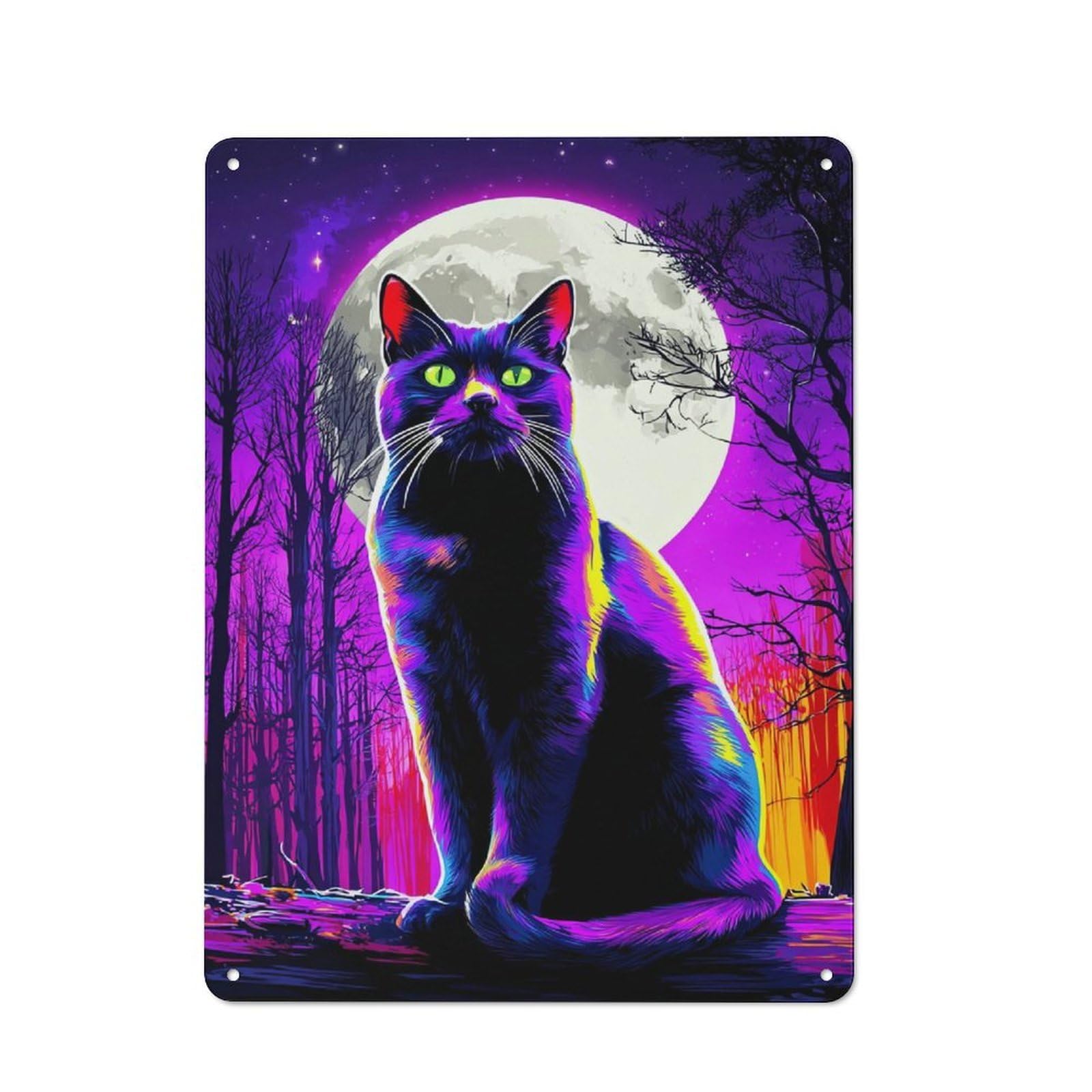 Neon Moonlit Cat -2 Cottage Metal Wall Decor 40x30cm, Shed Metal Sign for Conservatory, Home Bar Or Utility Room