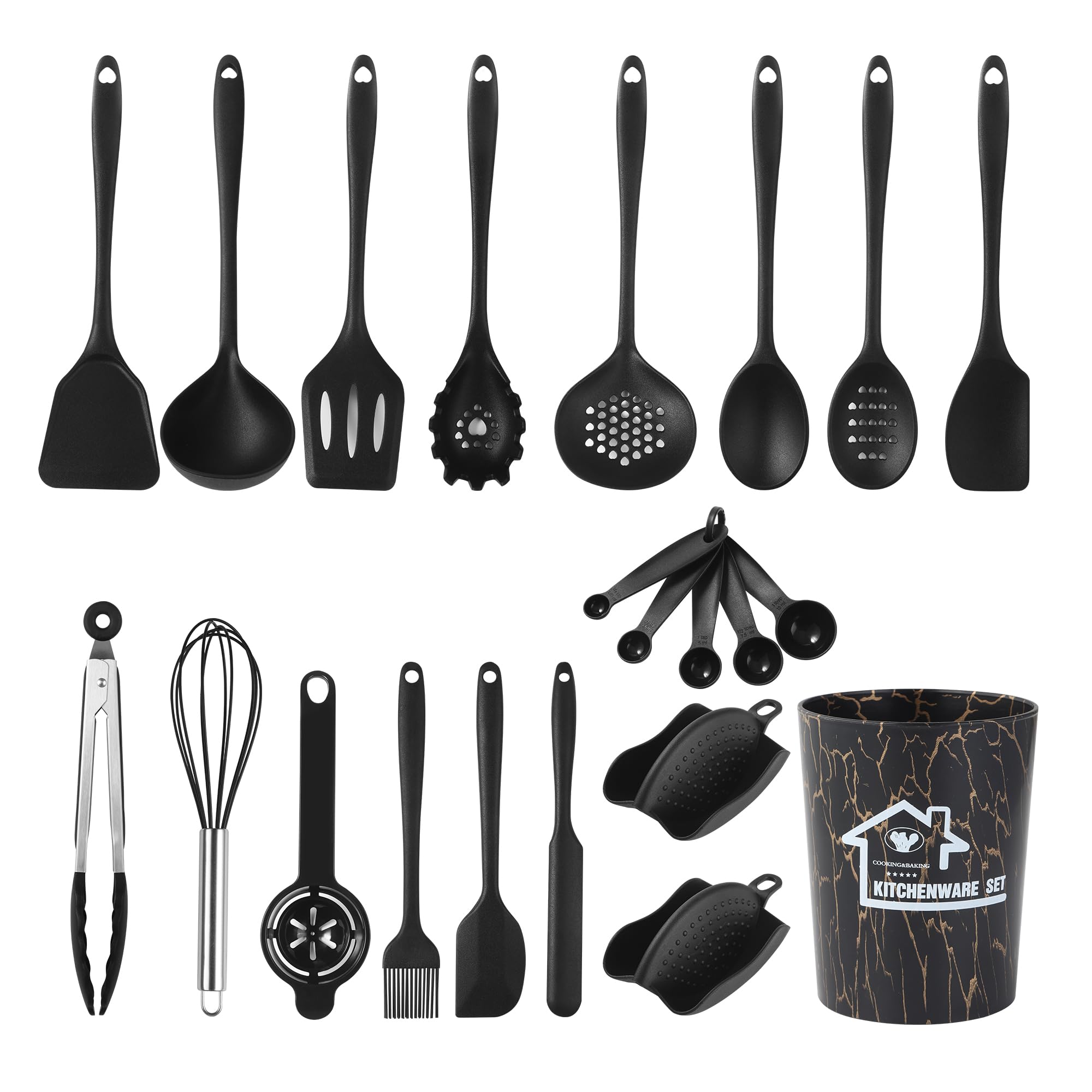 22 Stück Küchenhelfer Set,Silikon Küchenhelfer Set,Hitzebeständig Silikon Kochutensilien Kochgeschirr,Mit Aufbewahrungseimer, Gesunder Antihaftpfanne, Spülmaschinenfest (Schwarz)