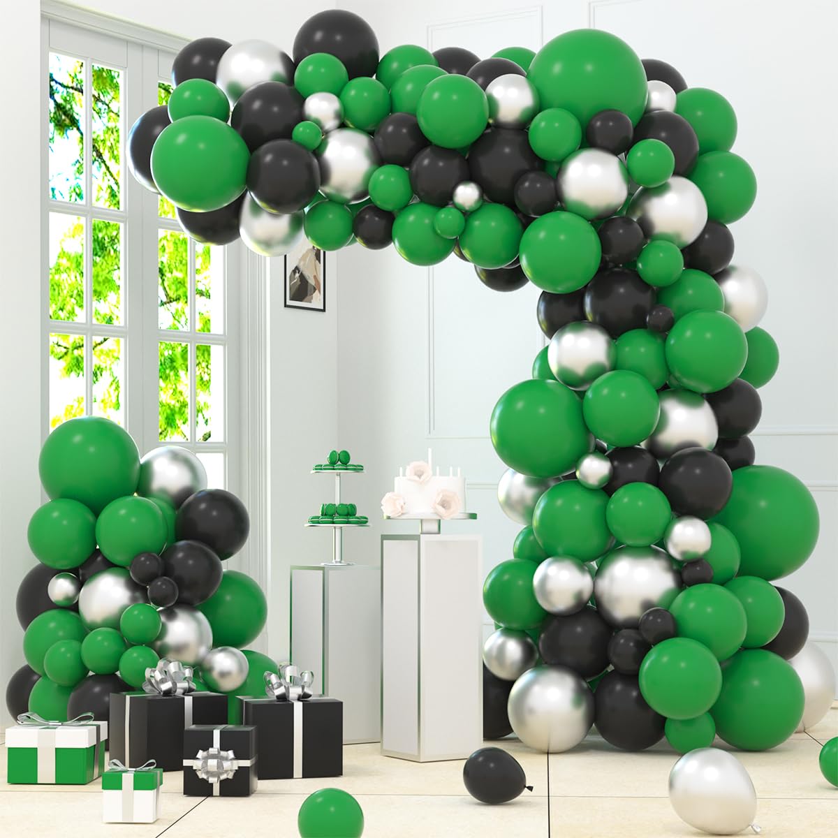Dark Green Black Silver Balloon Garland Arch Kit - Dark Green, Silver Black Balloons for Football Bowl Soccer Birthday Safari Jungle Baby Shower